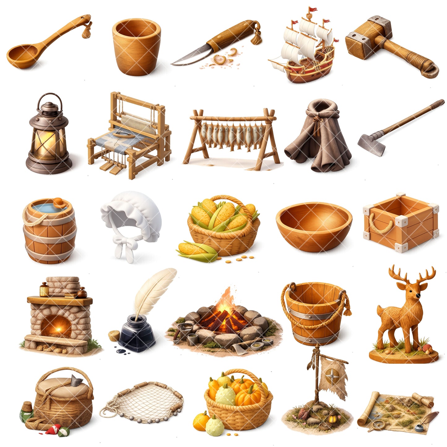 Plymouth Pilgrims 3D Clipart PNG Bundle – 50 Thanksgiving & Early American History Graphics for Classroom