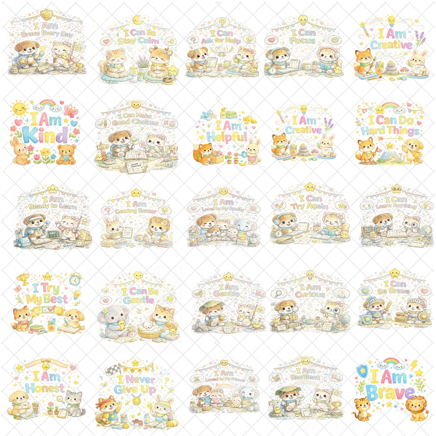 Positive Affirmations Clipart PNG Bundle – 55 Kids Growth Mindset Quotes with Cute Animal Watercolor Art