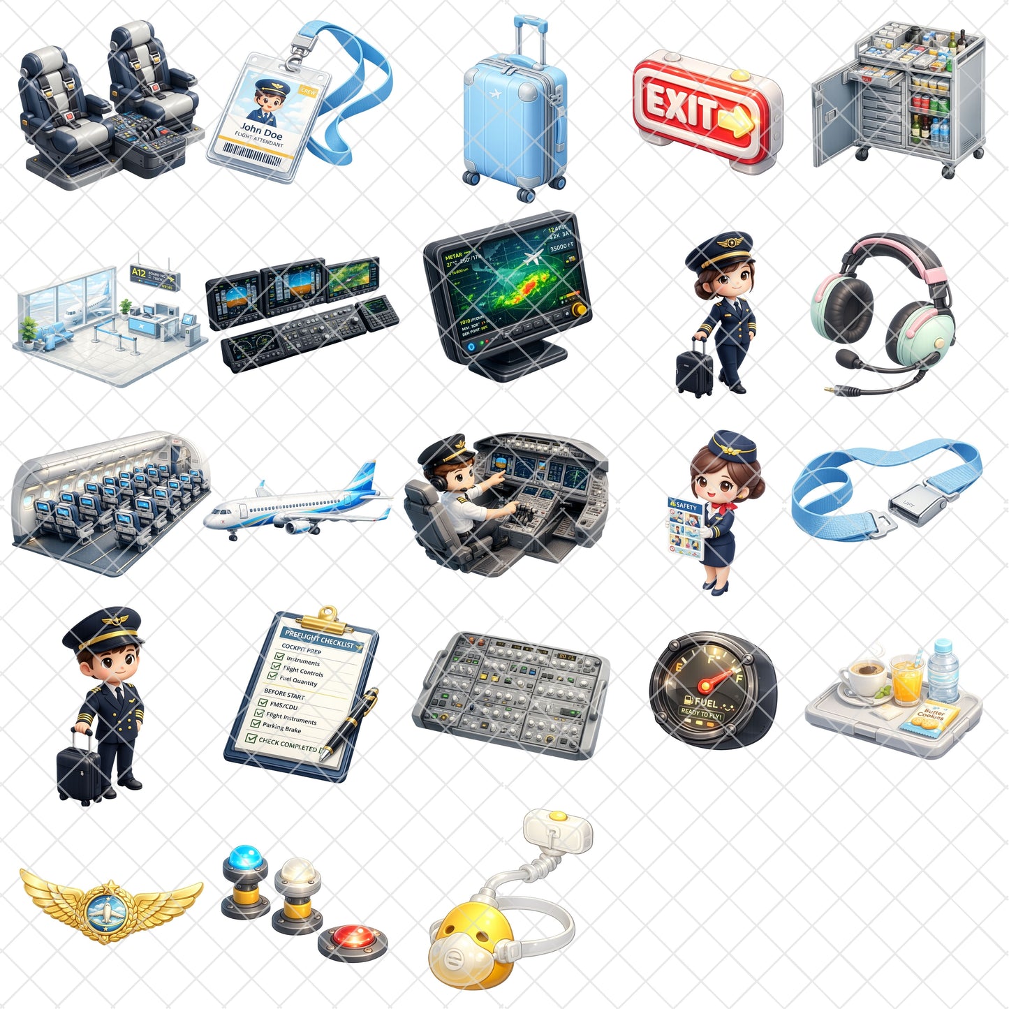 Flight Crew Isometric Clipart – Aviation & Travel PNG Bundle (48 Files)