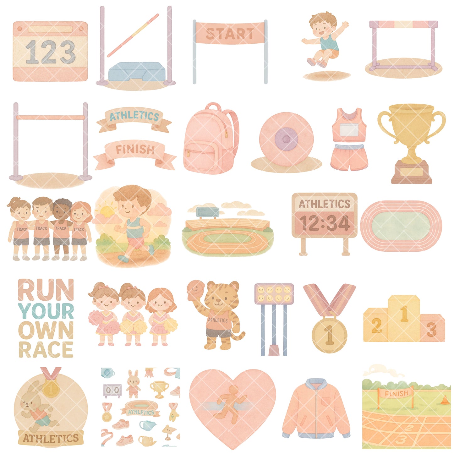 Track and Field Watercolor Clipart PNG | Kids Athletics Sports Day Graphics | School PE Race Art | Running Jumping Clipart