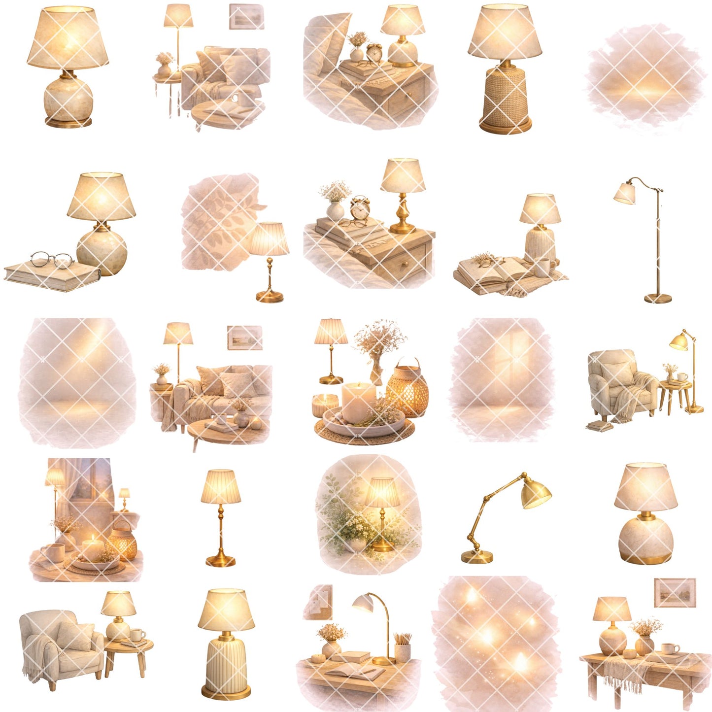 Cozy Lamp Clipart – 55 Watercolor Lighting PNG Files – Table Lamps, Candles & Hygge Home Decor Graphics