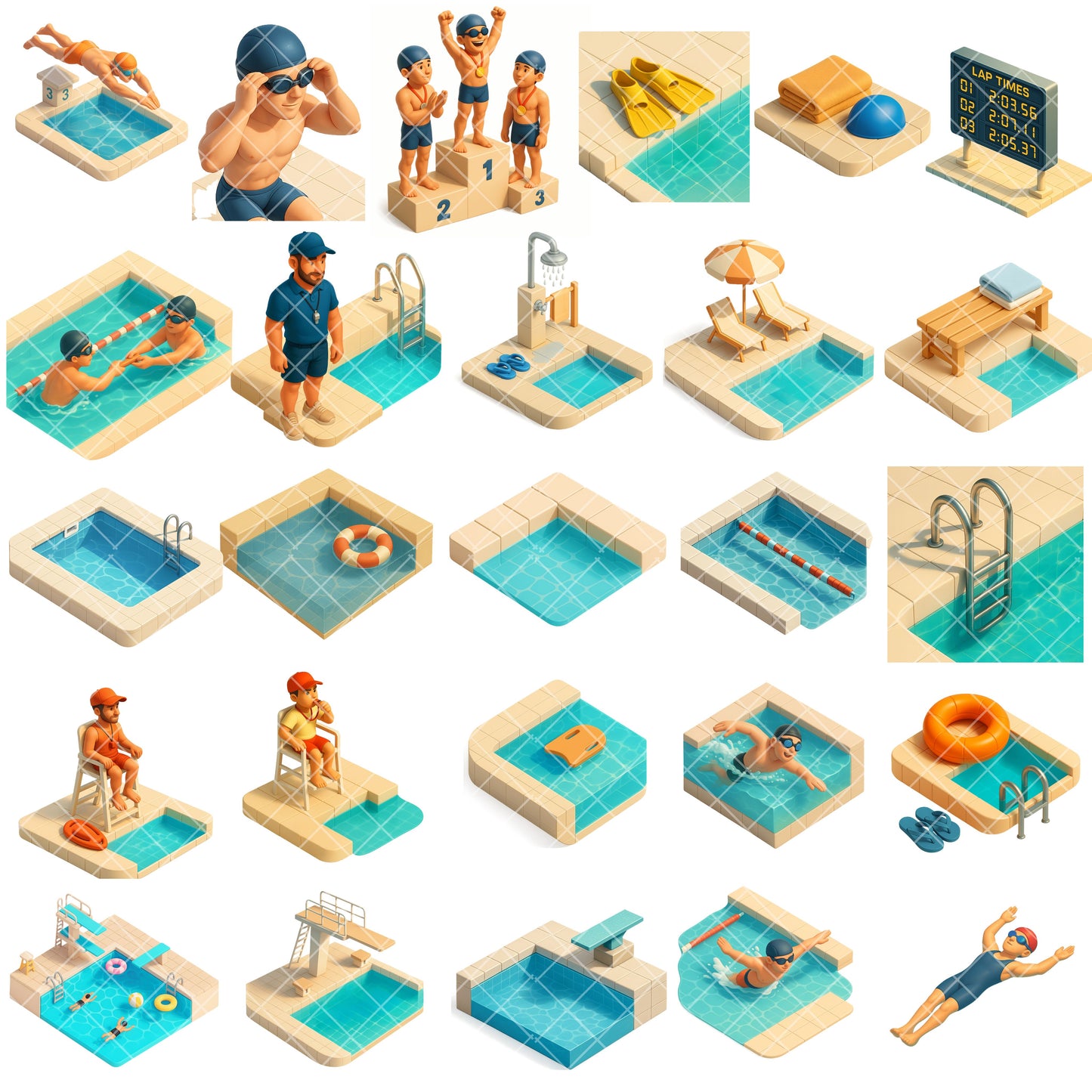 Swimming Pool Sports Clipart, Swim Team PNG Bundle, 3D Isometric Swimmers, Coaches & Gear, Summer Sports Graphics