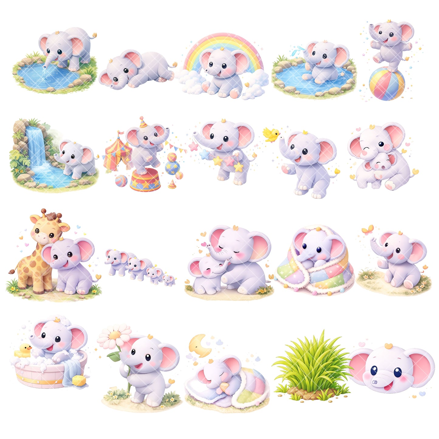 Cute Elephant Clipart PNG Bundle – 50 Baby Elephant 3D Isometric Graphics for Nursery Decor & Sublimation