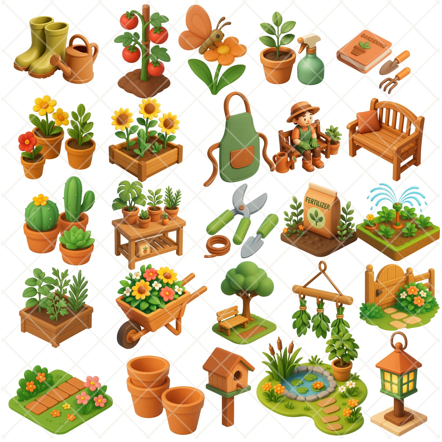 Gardening Clipart Bundle – 55 Isometric Garden PNGs – Tools, Plants, Vegetable Beds & Spring Planner Graphics