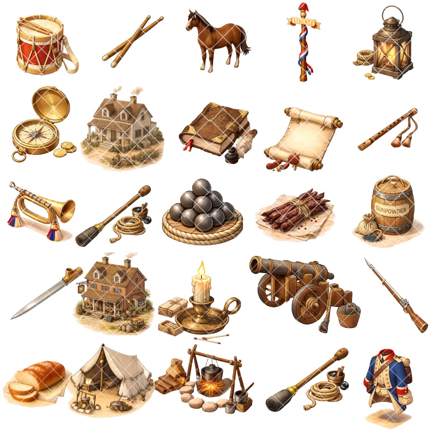American Revolution Clipart – 50 Colonial PNG Files – Revolutionary War Soldiers, Cannons & History Classroom Graphics
