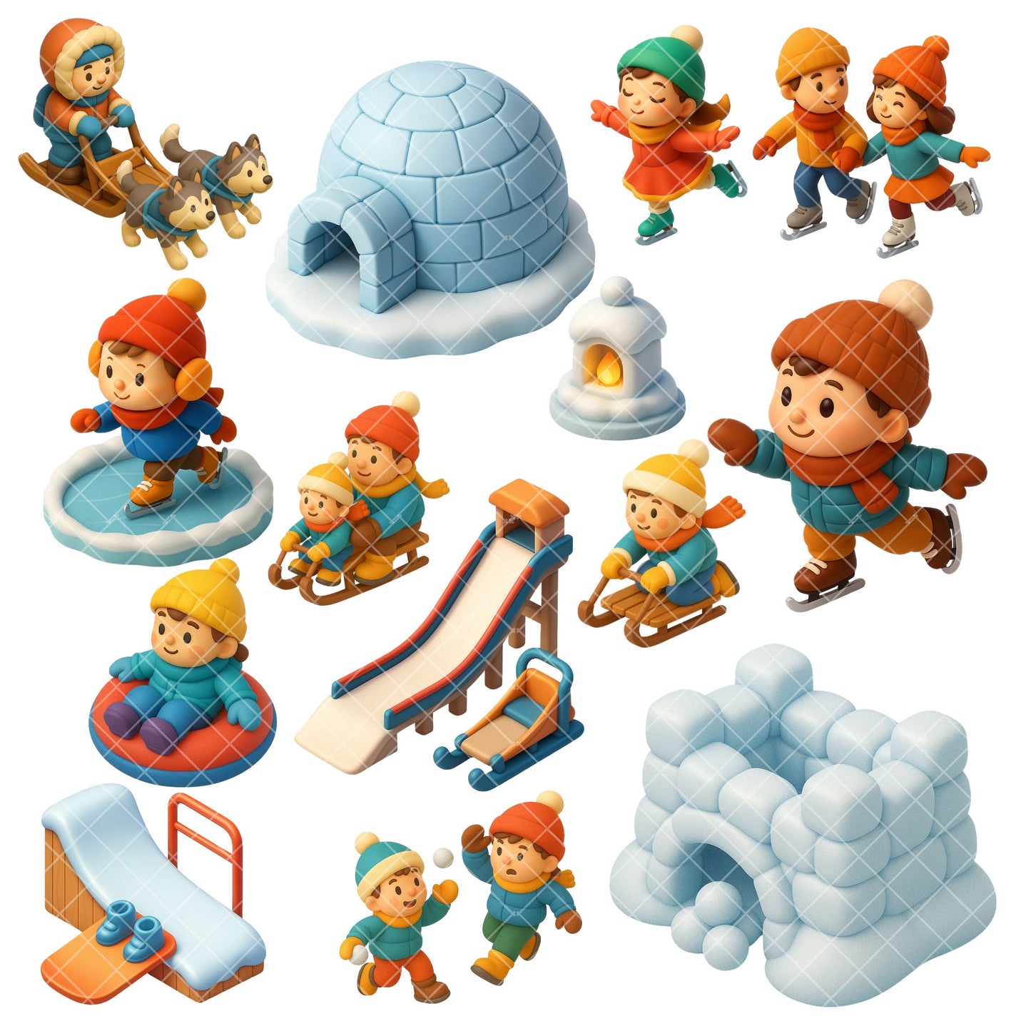 Winter Sports Clipart – 3D Snow Activities PNG, Kids Skiing & Ice Skating, Winter Clipart Bundle (60 Files)