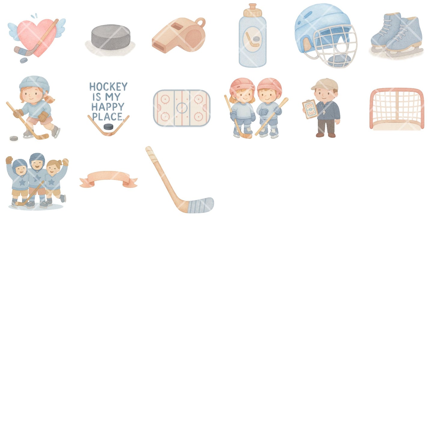 Ice Hockey Watercolor Clipart, Kids Hockey PNG Bundle, Cute Sports Illustrations, Pastel Hockey Players & Gear
