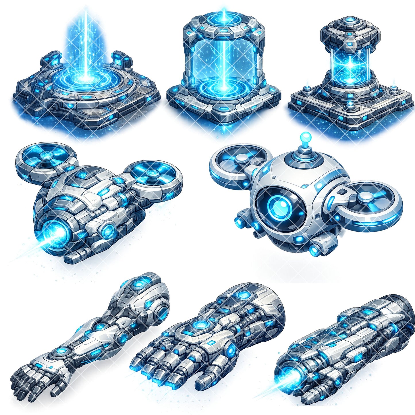 Sci-Fi Gadgets 3D Clipart PNG Bundle – 50 Futuristic Robots, Drones & AI Tech Graphics for Games