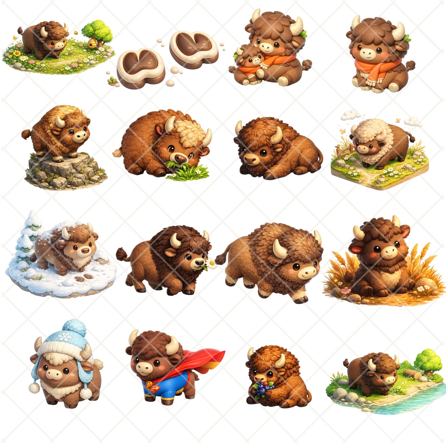 Bison Clipart Bundle – 3D Isometric Woodland PNGs (40 Files) – Cute Buffalo, Forest Animals & Fall Graphics