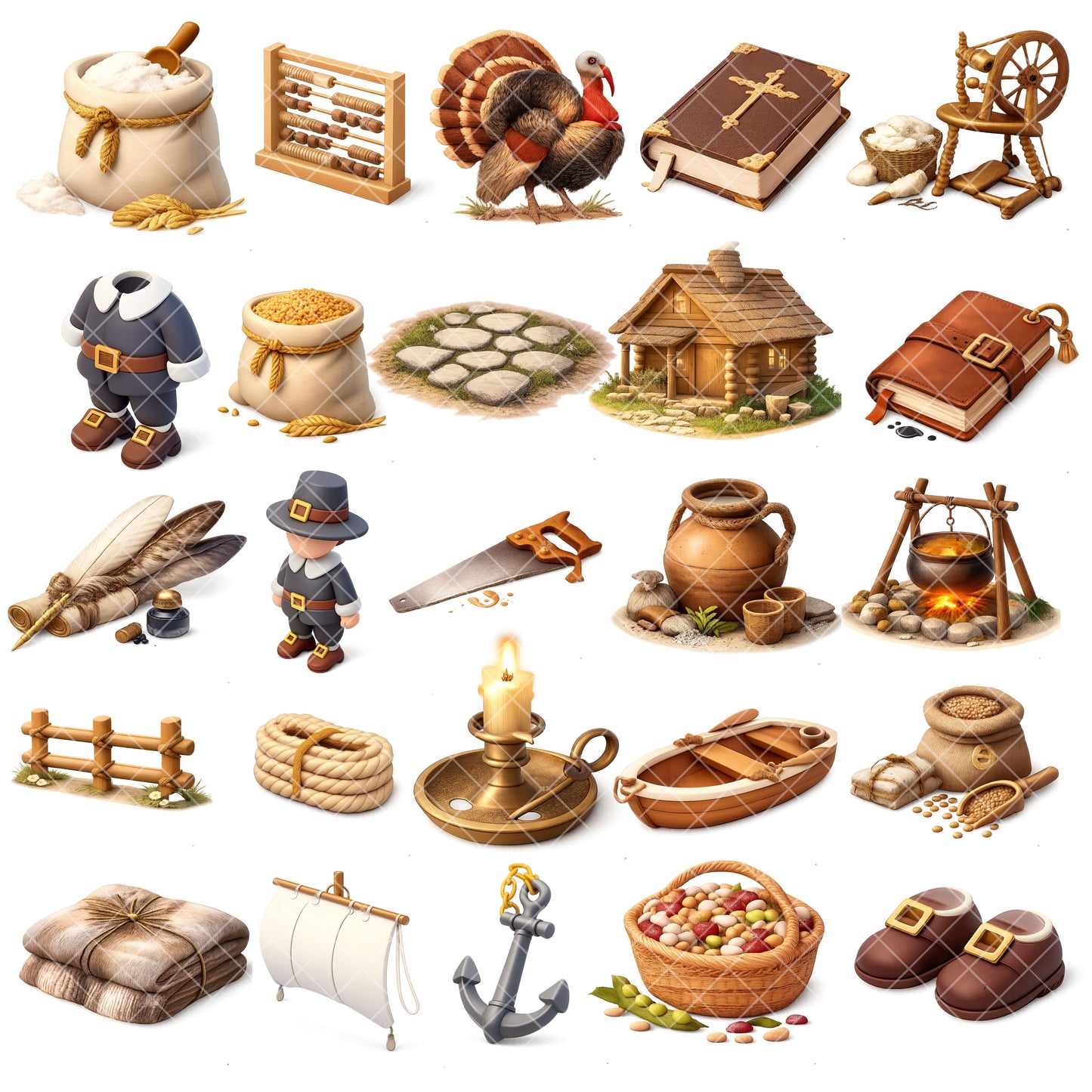Plymouth Pilgrims 3D Clipart PNG Bundle – 50 Thanksgiving & Early American History Graphics for Classroom