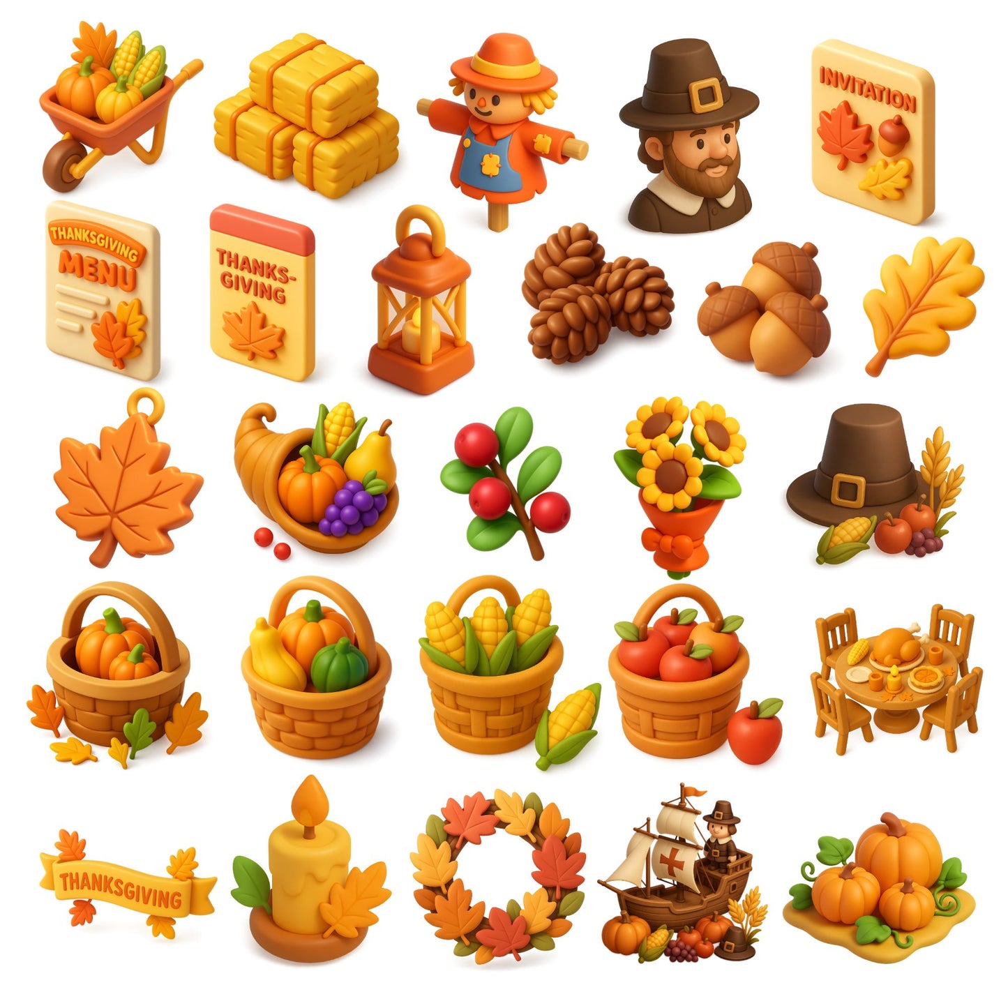 Thanksgiving & Autumn 3D Clipart – 52 PNG Fall Leaves, Turkey, Pumpkins & Harvest Decor