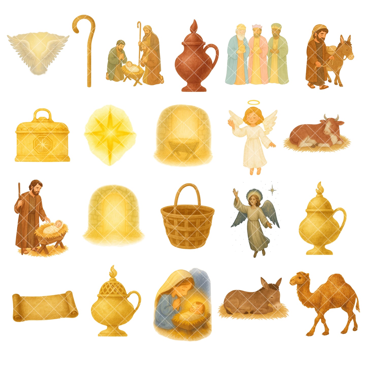 Nativity Scene Clipart PNG Bundle – 60 Jesus Birth Watercolor Graphics (Christian Christmas Digital Download)