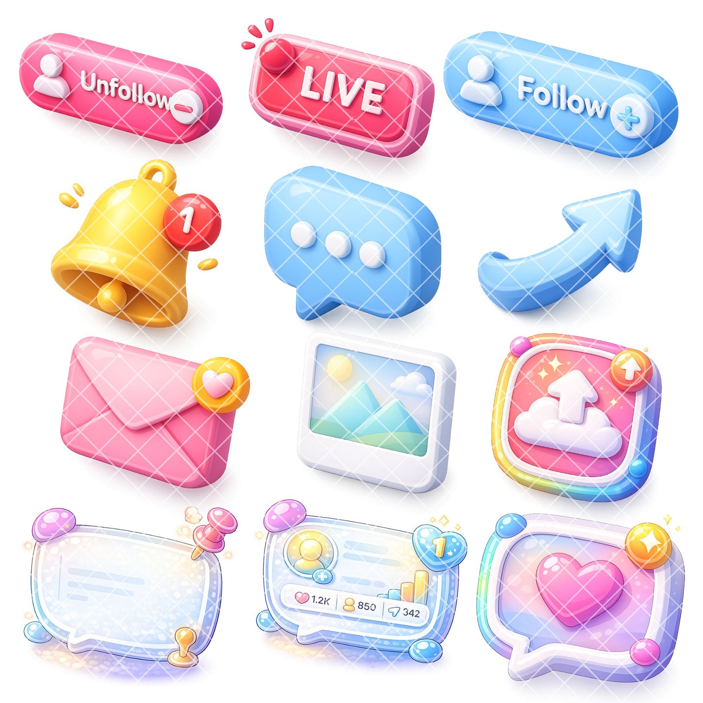 Kawaii Social Media Icons Clipart | 3D Cute UI Buttons PNG | Stream Overlay Graphics | YouTube TikTok Instagram Assets | Content Creator Bundle