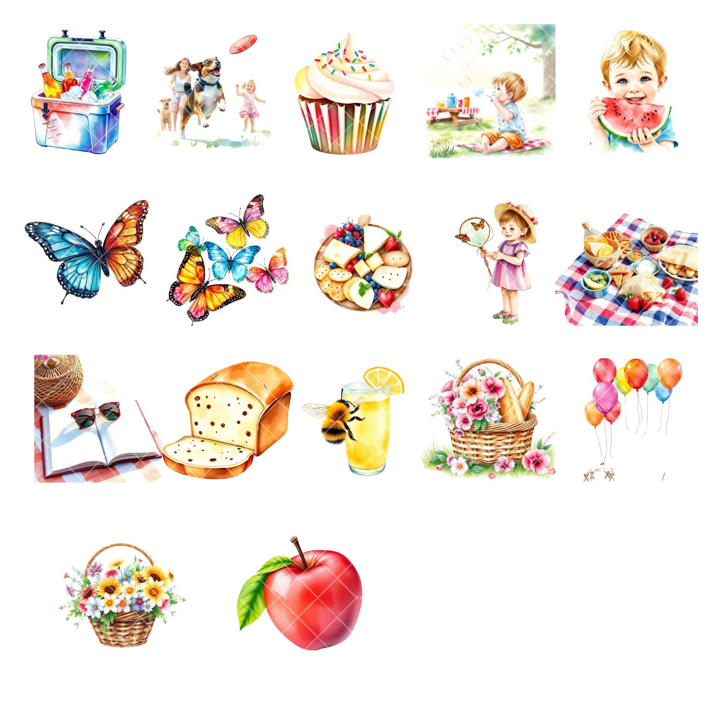 Picnic Watercolor Clipart PNG | Summer Fruits Food Clipart | Picnic Party Graphics | Watercolor Summer PNG | Commercial Use