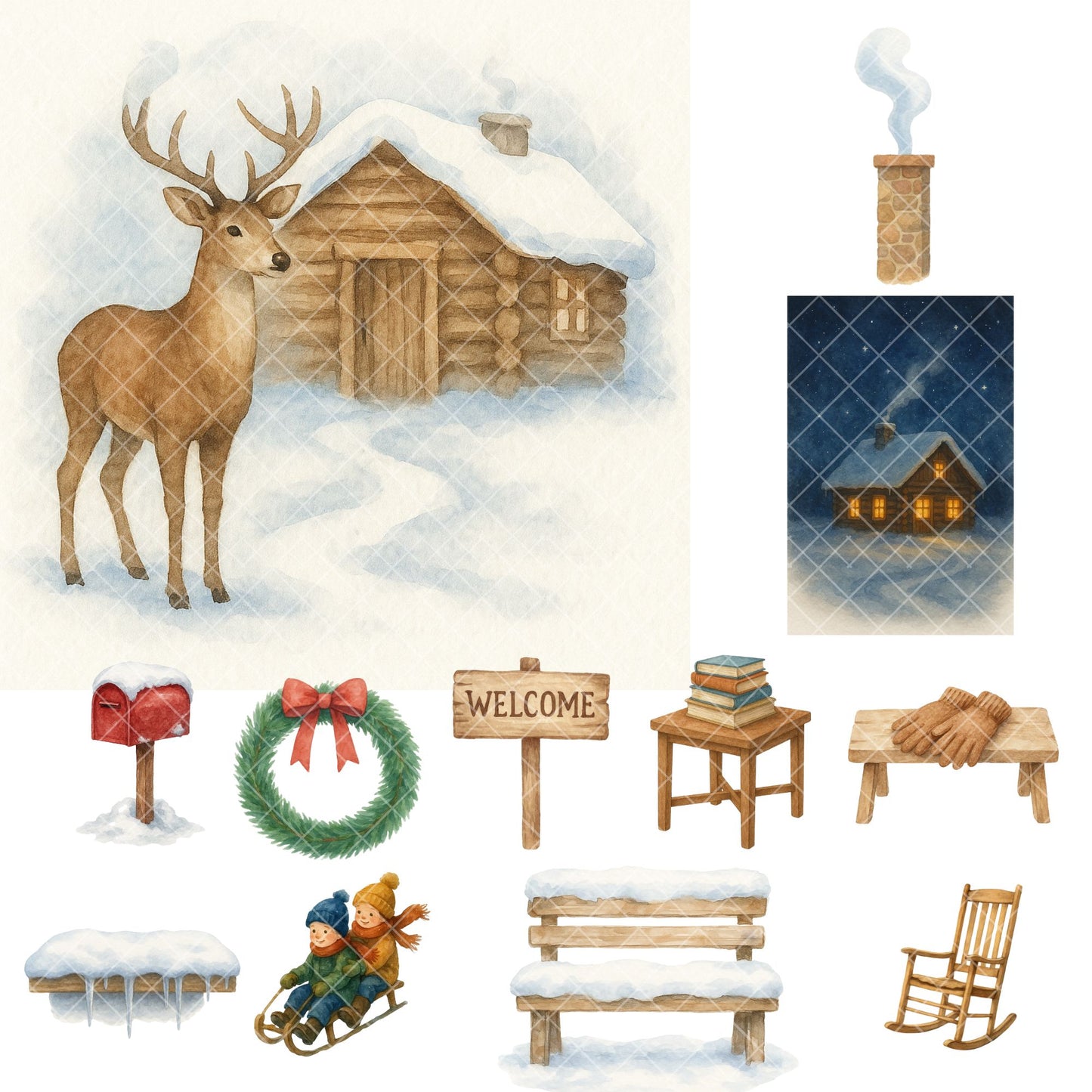 Winter Village Watercolor Clipart – Cozy Cabin Snow PNG Bundle, Rustic Christmas Winter Scenes (53 Files)