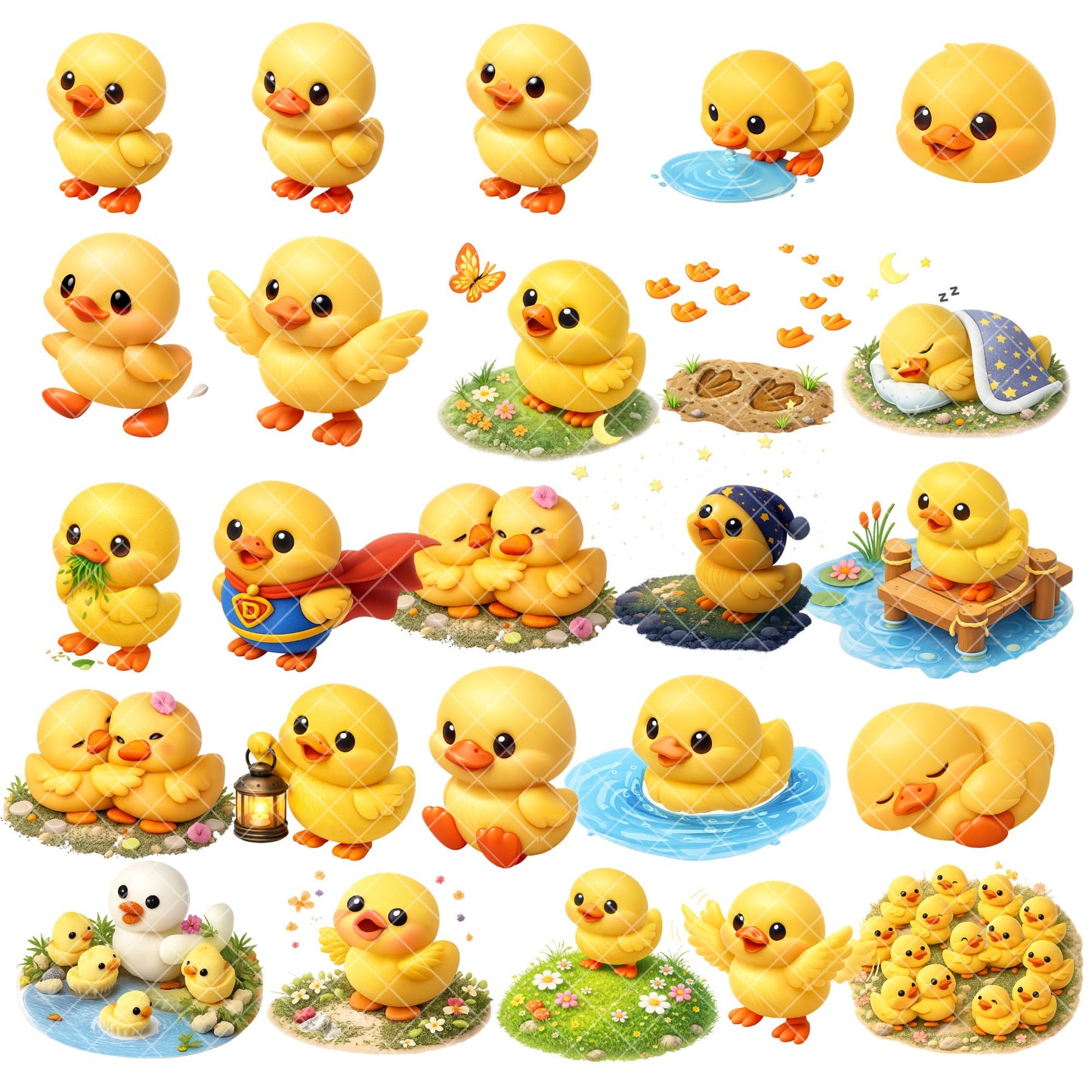 Duck Clipart Bundle – 3D Isometric PNGs (40 Files) – Cute Yellow Ducks, Nursery Art, Baby Shower & Sublimation Design