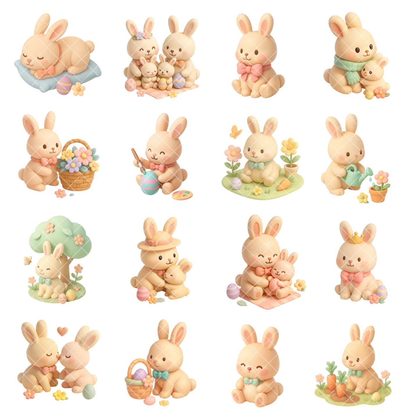 Pastel Easter Bunny Clipart Bundle – Kawaii Rabbit & Chick PNG, Cute Spring Animals, 3D Bunny Clipart, 51 PNG