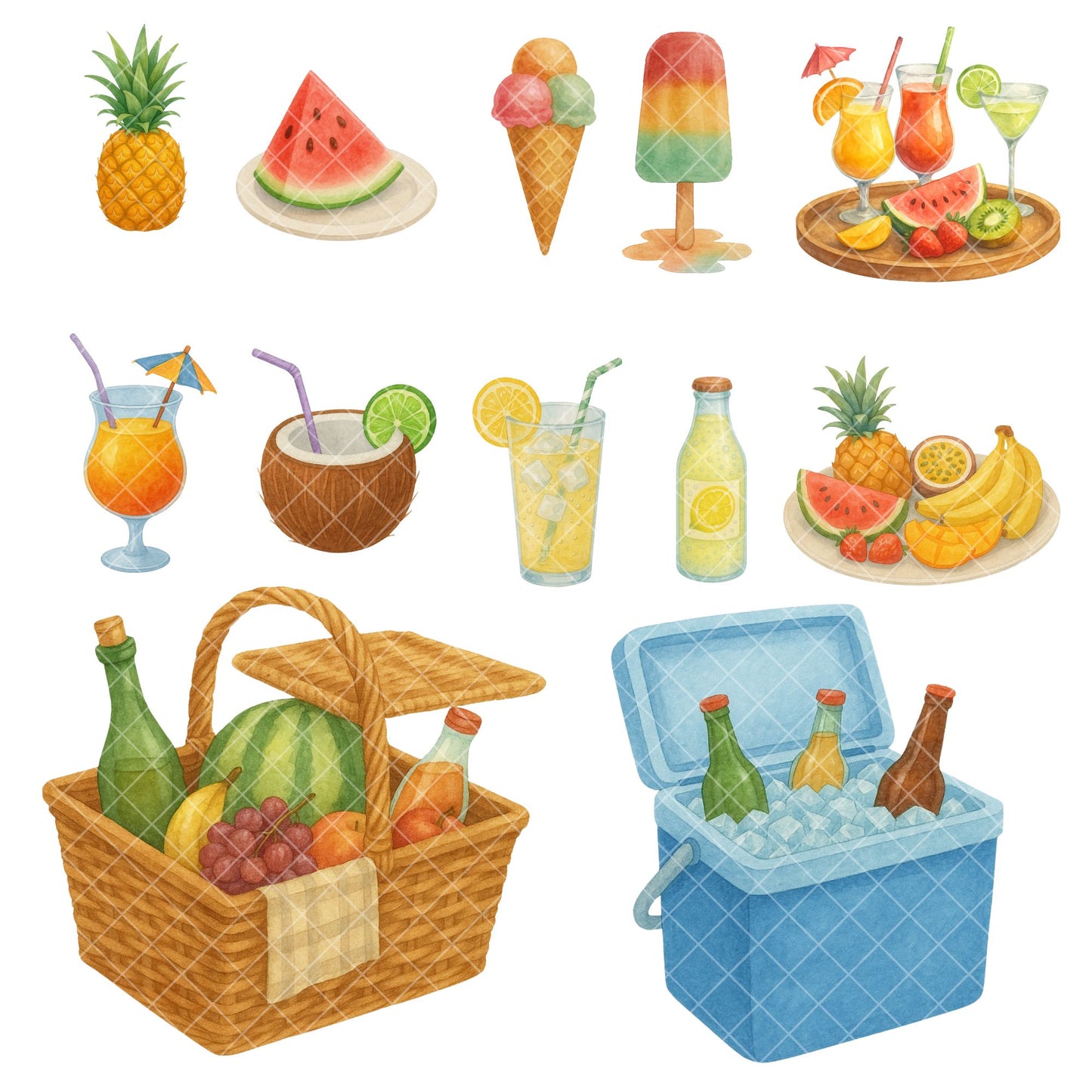 Watercolor Summer Clipart – Beach Picnic PNG Bundle, Coastal Vacation & Seaside Art (56 Files)
