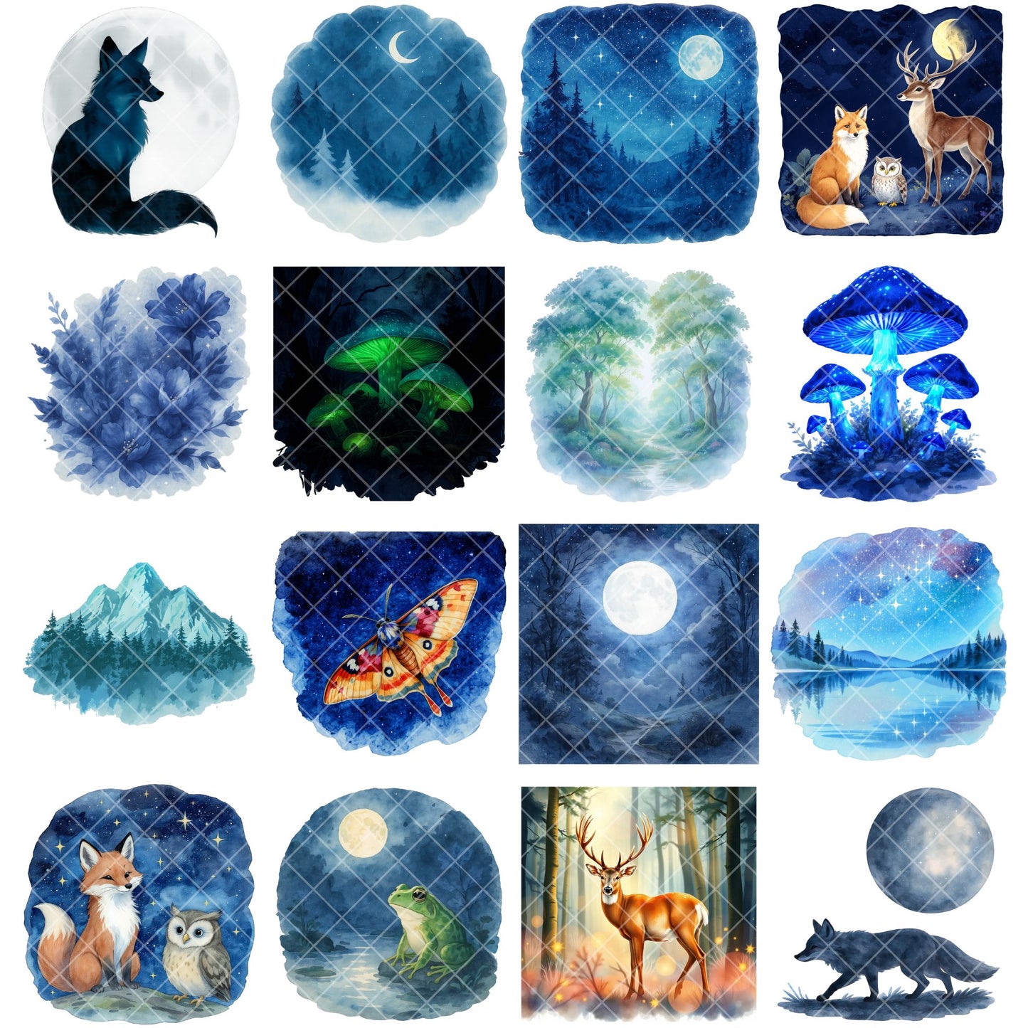 Night Forest Animals Watercolor Clipart Bundle – Nocturnal Wildlife PNG, Owl Wolf Moon Fantasy Nature Art for Nursery, Crafts & Sublimation, 51 PNG