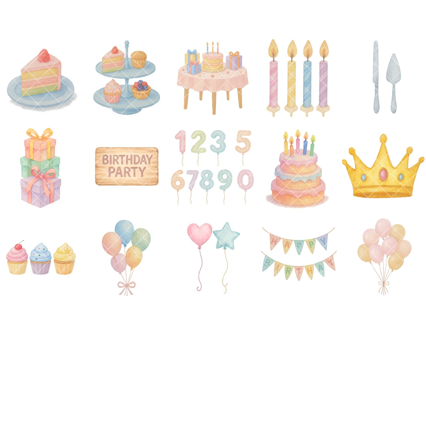 Watercolor Birthday Clipart Bundle, Kids Party PNG Files, Balloons Cake Gifts Cupcakes, Birthday Decorations Set (55 PNG)