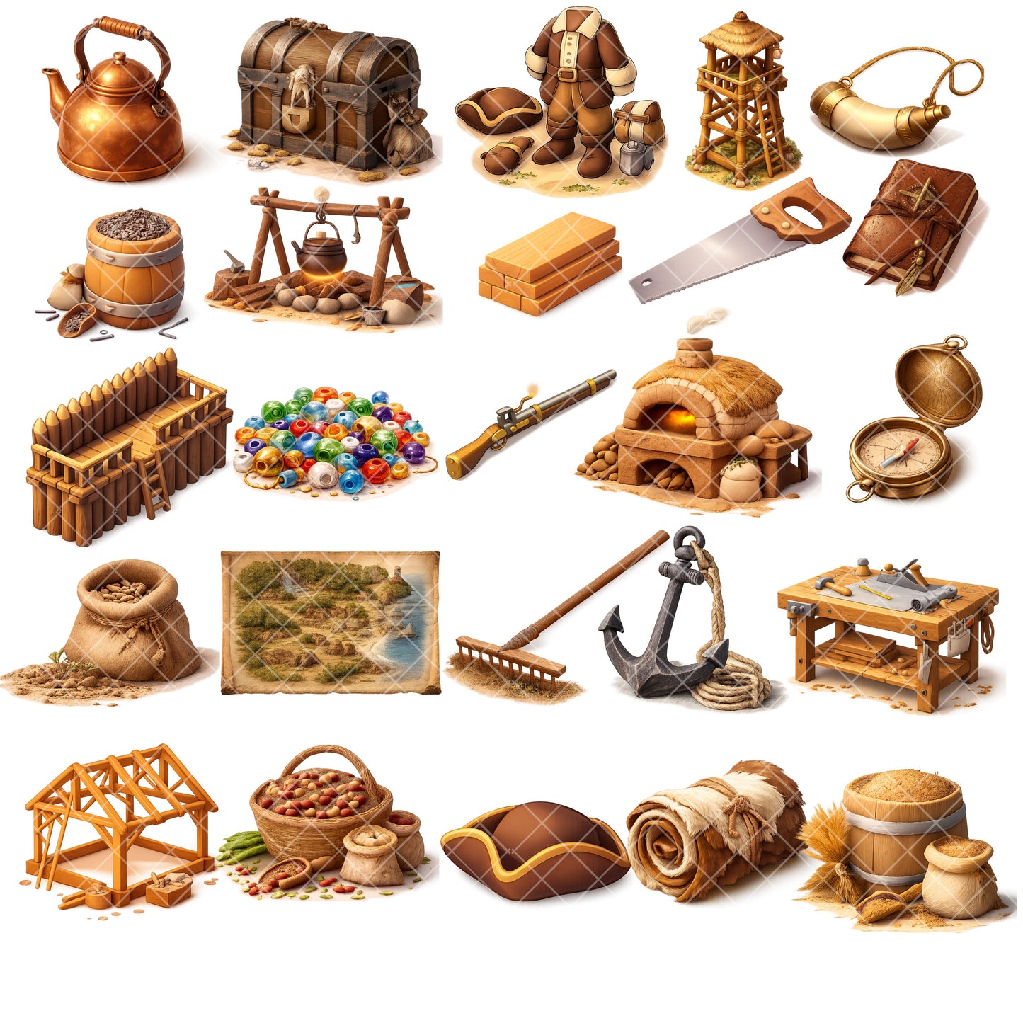Jamestown Settlement 3D Isometric Clipart Bundle | Colonial America PNG | American History Clipart | Homeschool & Classroom Educational Graphics