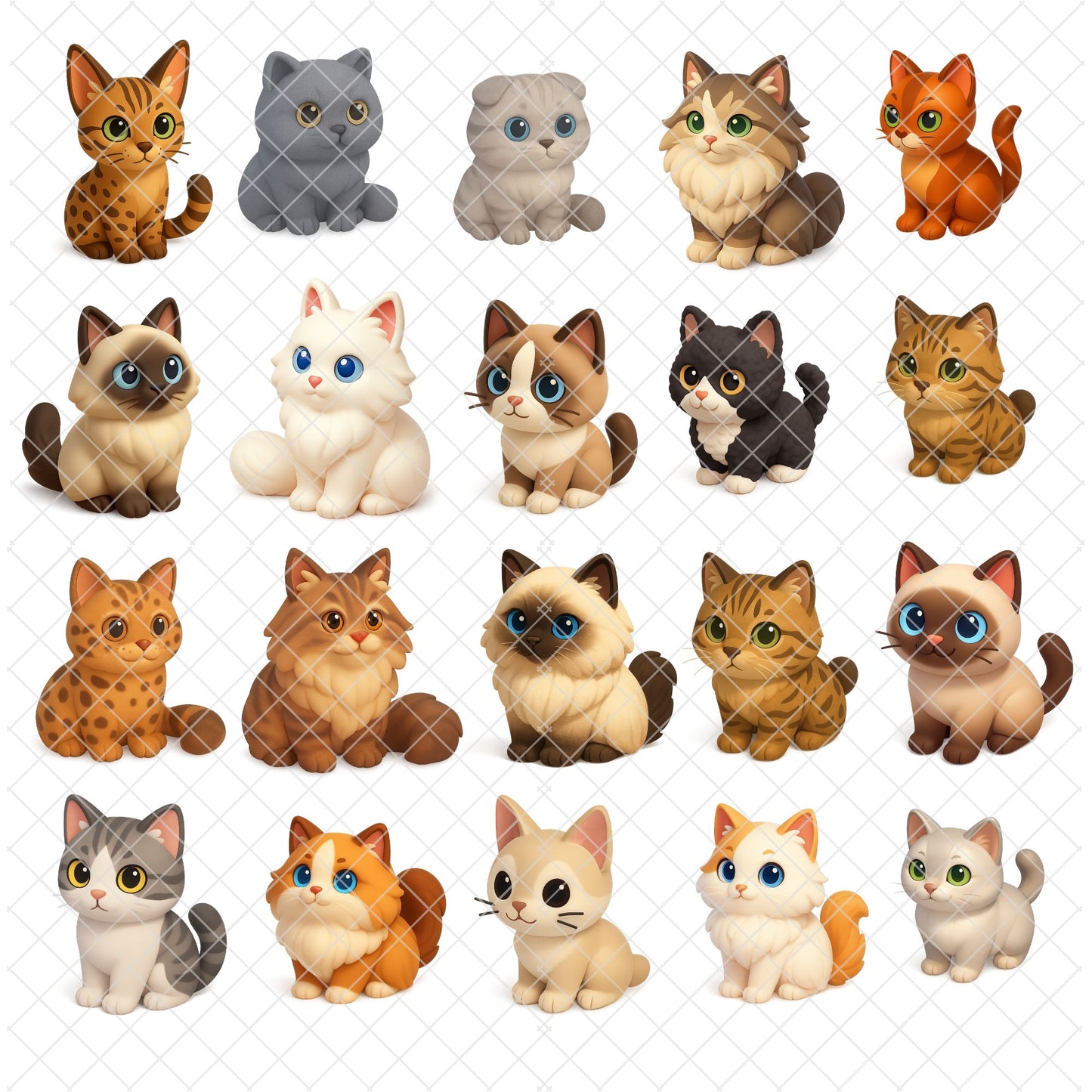 Cat Breeds 3D Isometric Clipart PNG Bundle – 50 Cute Cat Sticker Graphics (Persian, Siamese, Maine Coon & More)
