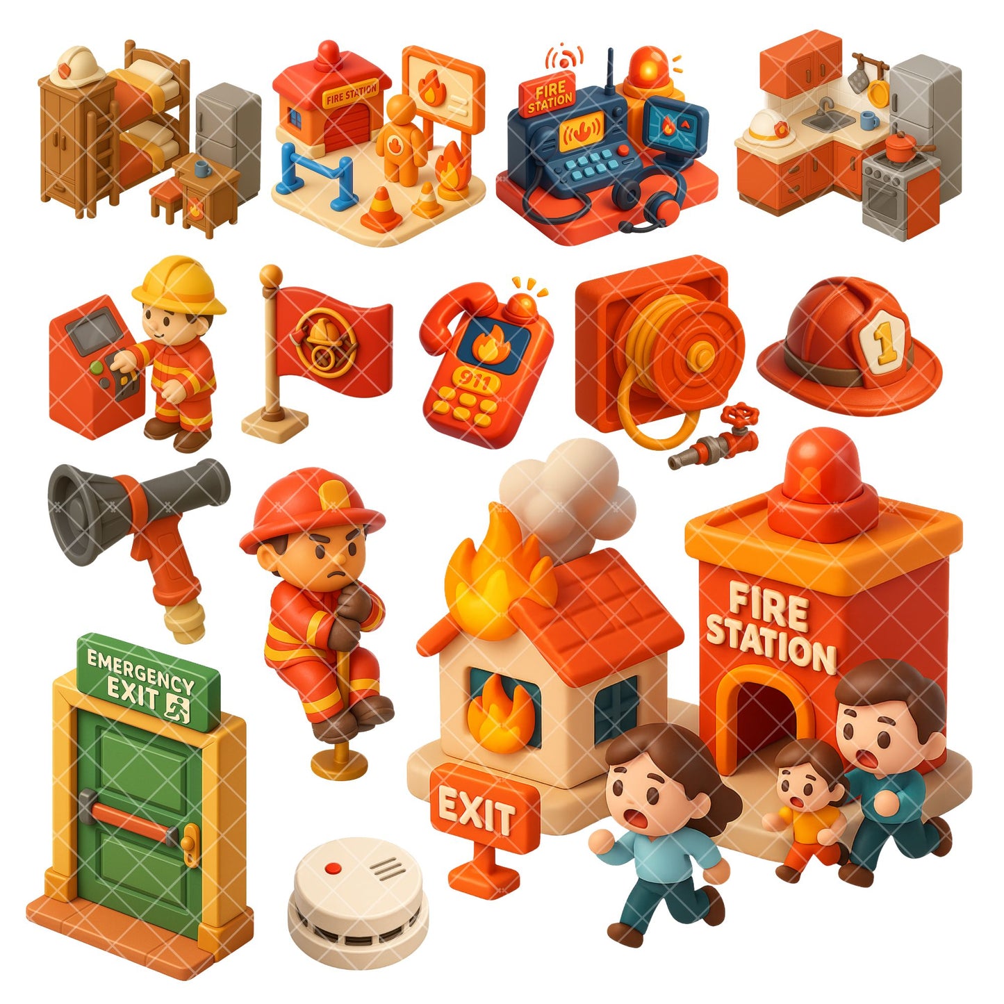 Fire Station Clipart – Firefighter & Emergency Response PNG Set, Rescue Trucks & Safety Graphics (63 Files)