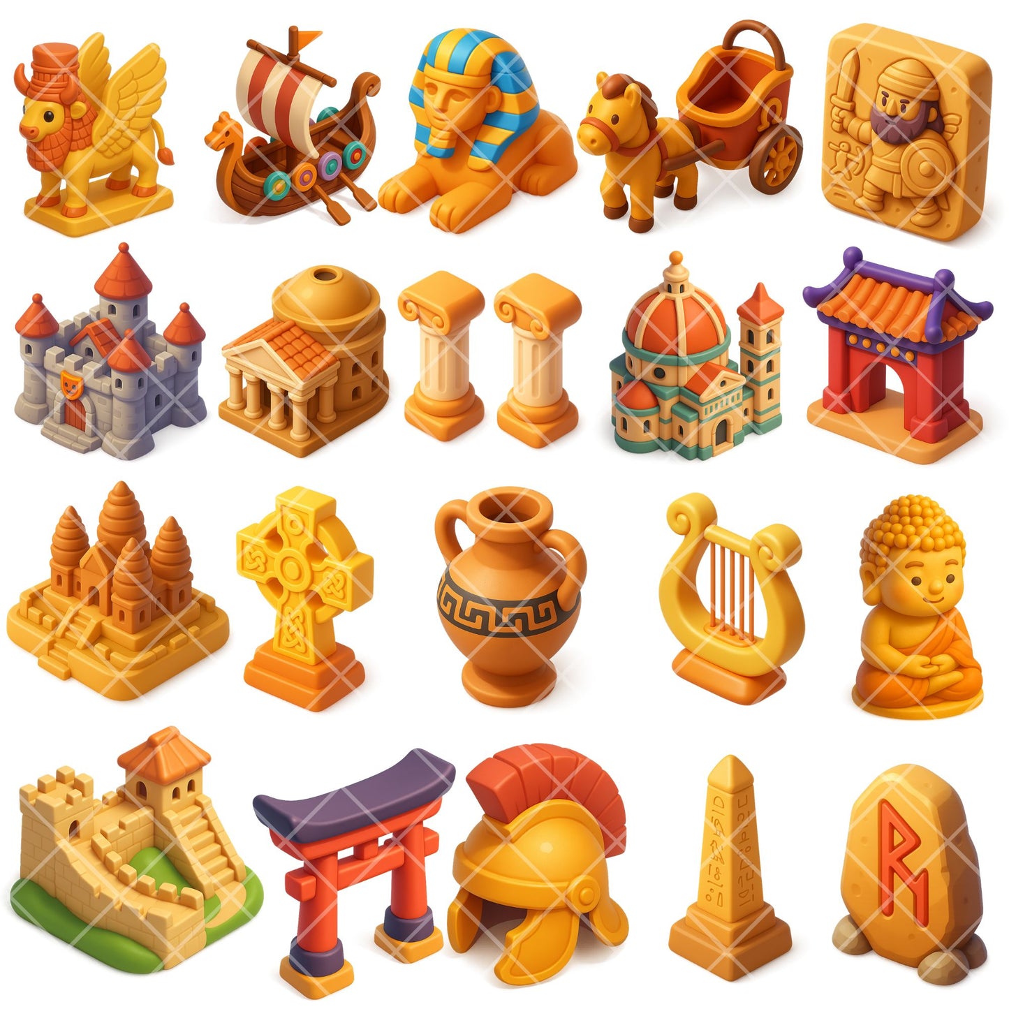 Ancient Civilizations Clipart – 3D History Landmarks PNG | Egypt, Rome, Greece, Maya, World History