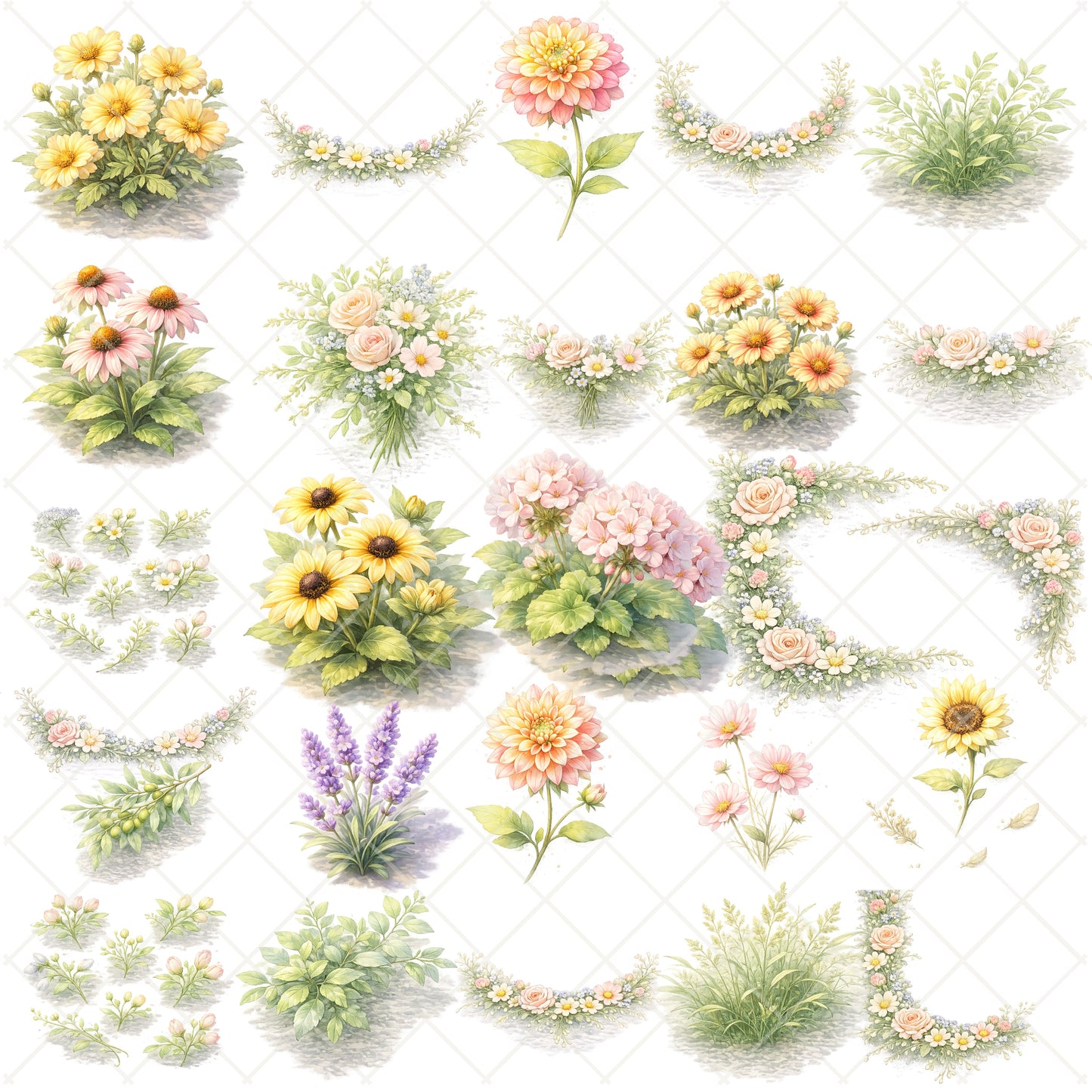 Summer Watercolor Floral Clipart – Pastel Flower PNG Bundle (55 Files) – Garden Bouquets, Baby Shower & Wedding Graphics