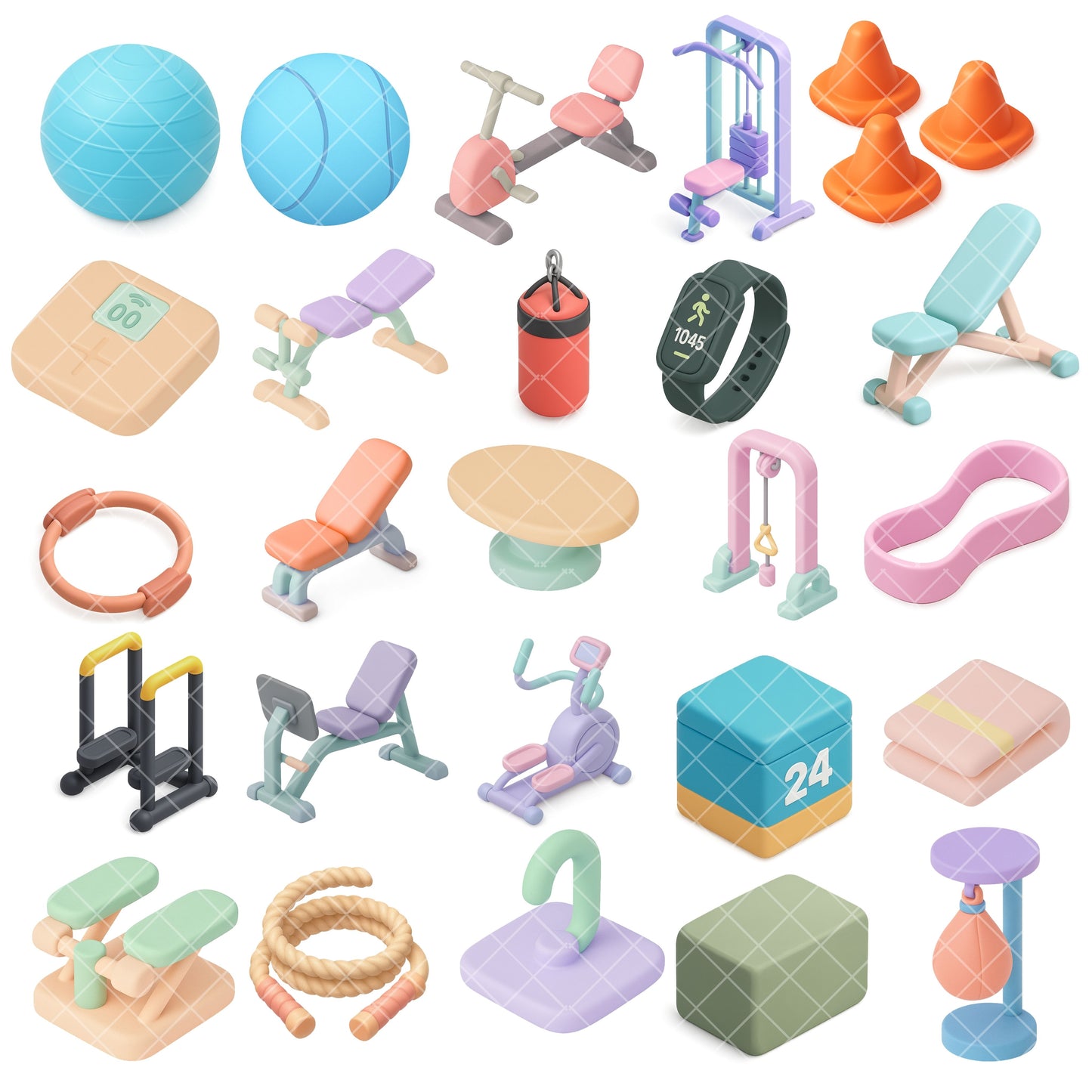 Health & Fitness 3D Clipart PNG Bundle – 55 Gym Equipment & Workout Graphics for Planners & Wellness Design