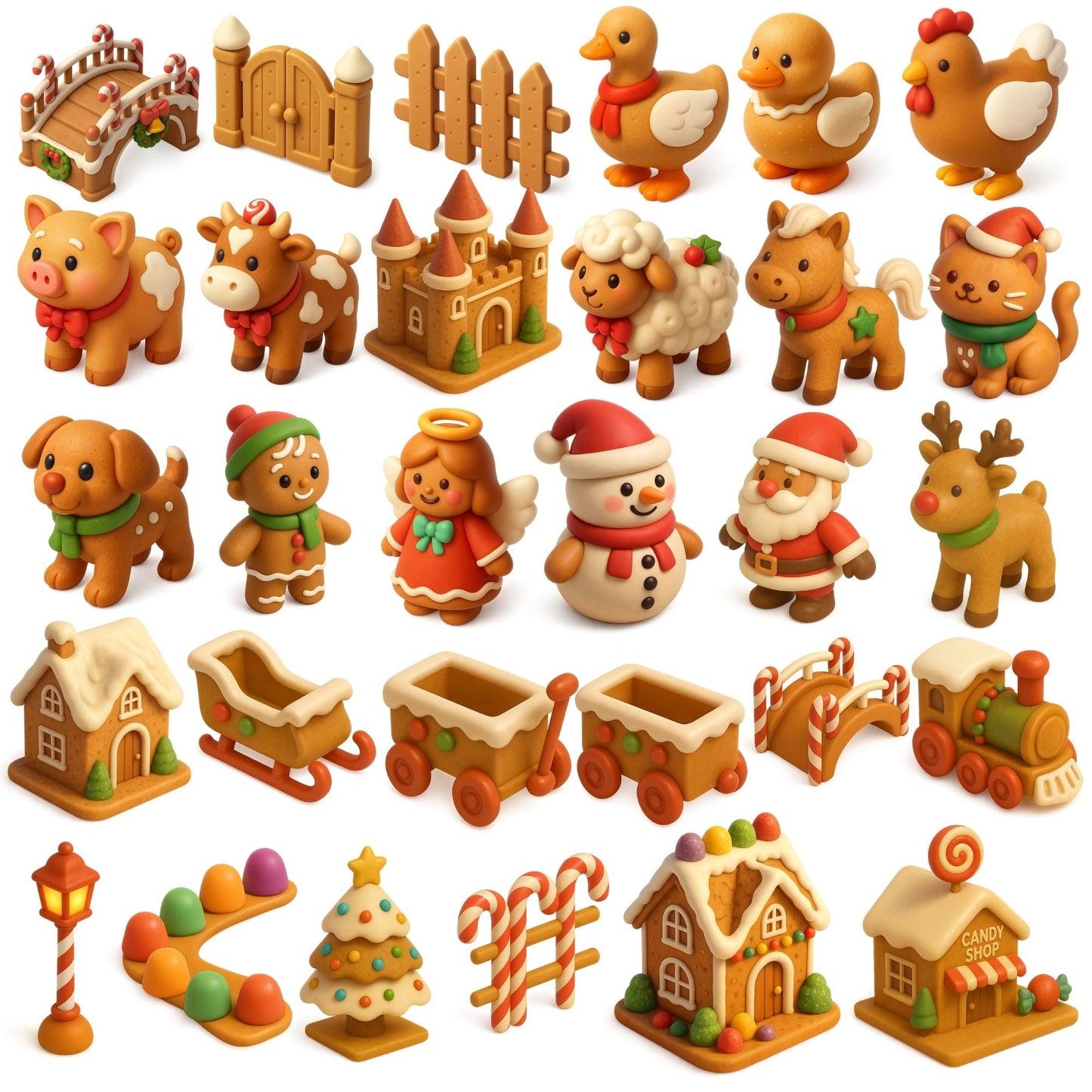 Gingerbread Village Clipart Bundle – 3D Christmas PNG, Candy House & Holiday Town Graphics, Cute Festive Clipart, 60 PNG