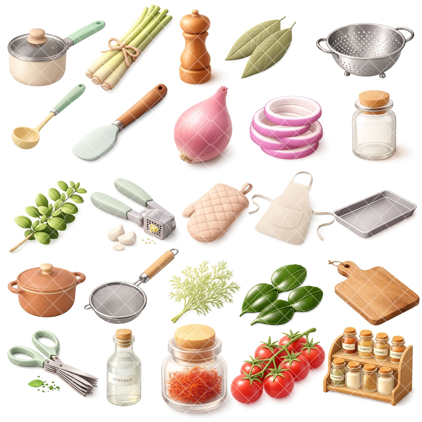 Kitchen Herbs & Utensils 3D Isometric Clipart Bundle – Cooking PNG, Food Illustration Graphics for Recipes, Planners & Sublimation, 50 PNG