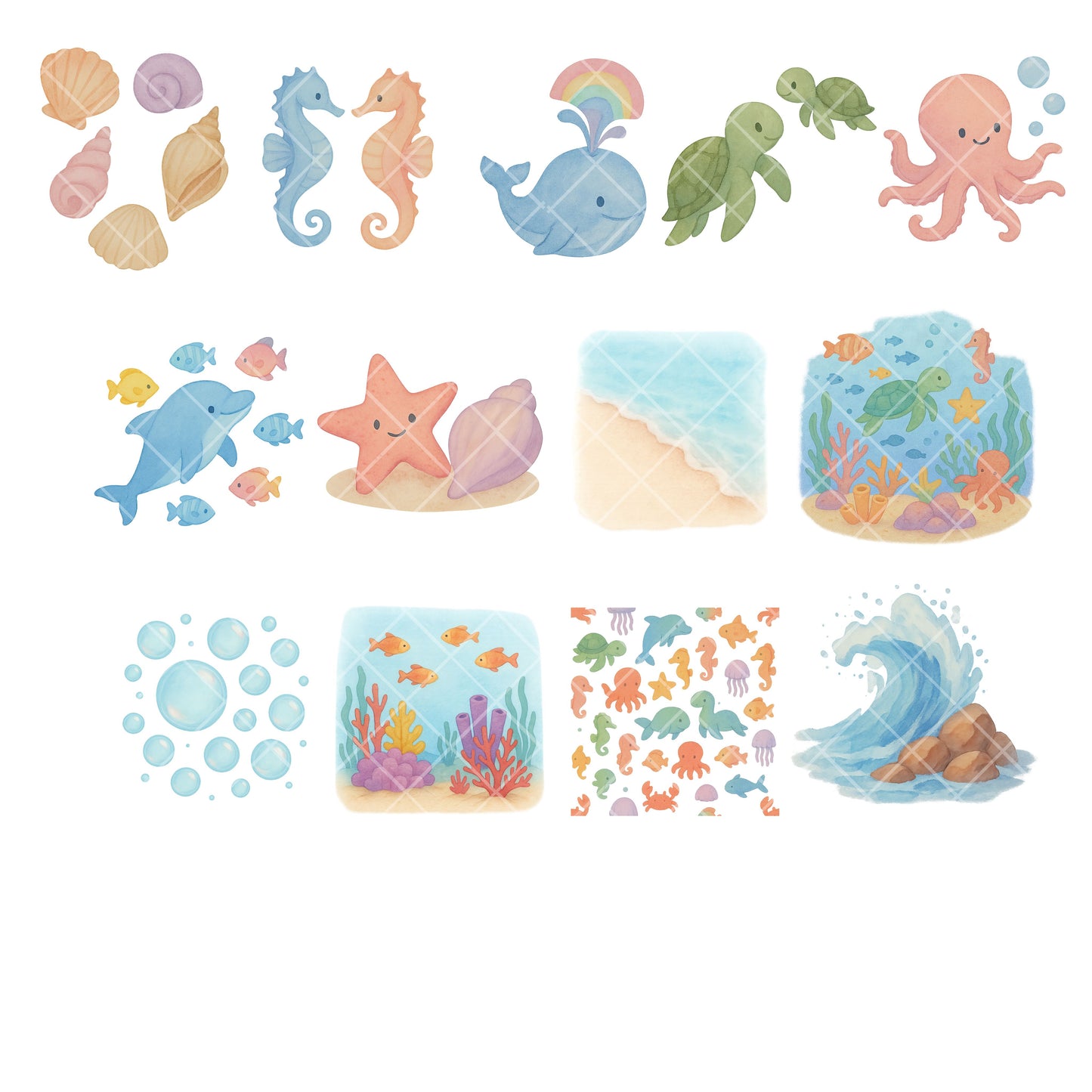 Sea Animals Clipart Bundle | Ocean Friends PNG | Cute Marine Life Watercolor | Under the Sea Kids Clipart | Coral, Pirate Ship, Beach Art