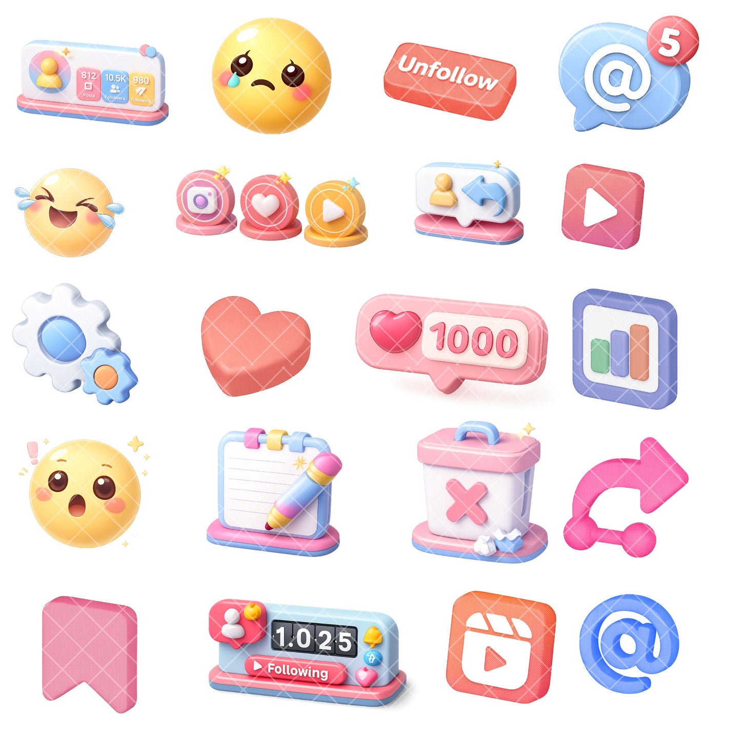 Social Media 3D Clipart PNG Bundle – 59 Influencer Icons for Likes, Followers & Content Templates