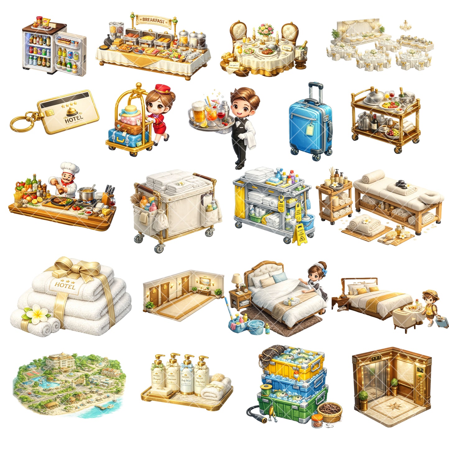 Hotel Hospitality 3D Clipart Bundle – Isometric Travel PNGs (48 Files) – Tourism, Airbnb & Hotel Branding Graphics
