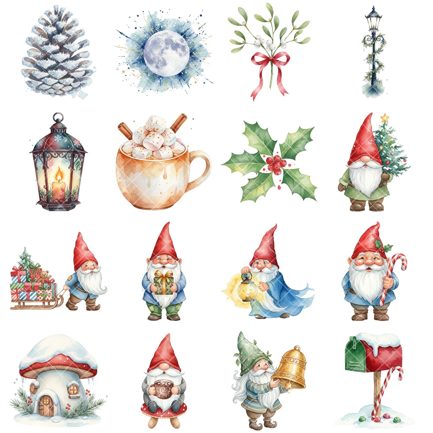 Christmas Gnome Village Watercolor Clipart Bundle – Cozy Winter Holiday PNG, Gnomes, Cabins & Gifts for Cards, Sublimation & Crafts, 54 PNG