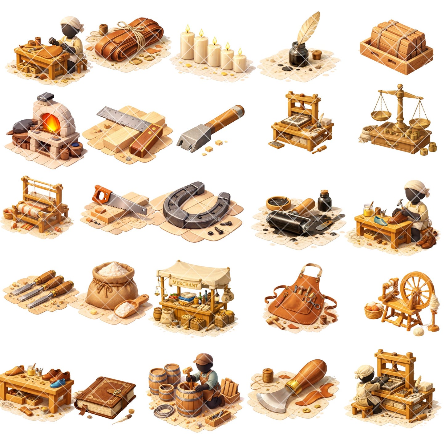 Colonial Trades Clipart – 54 Early American Profession PNG Files – Blacksmith, Baker & Colonial America Graphics