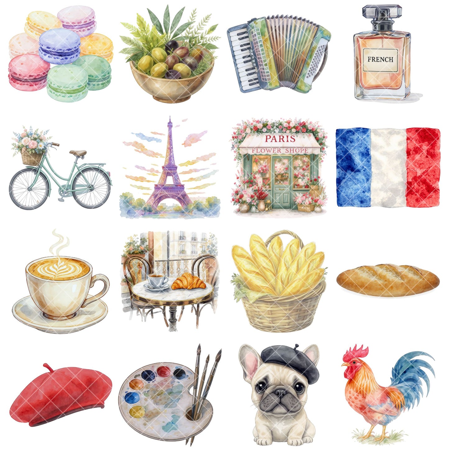 France Watercolor Clipart Bundle – Paris Culture PNG, Eiffel Tower, French Food & Landmarks for Journals, Crafts & Branding, 50 PNG