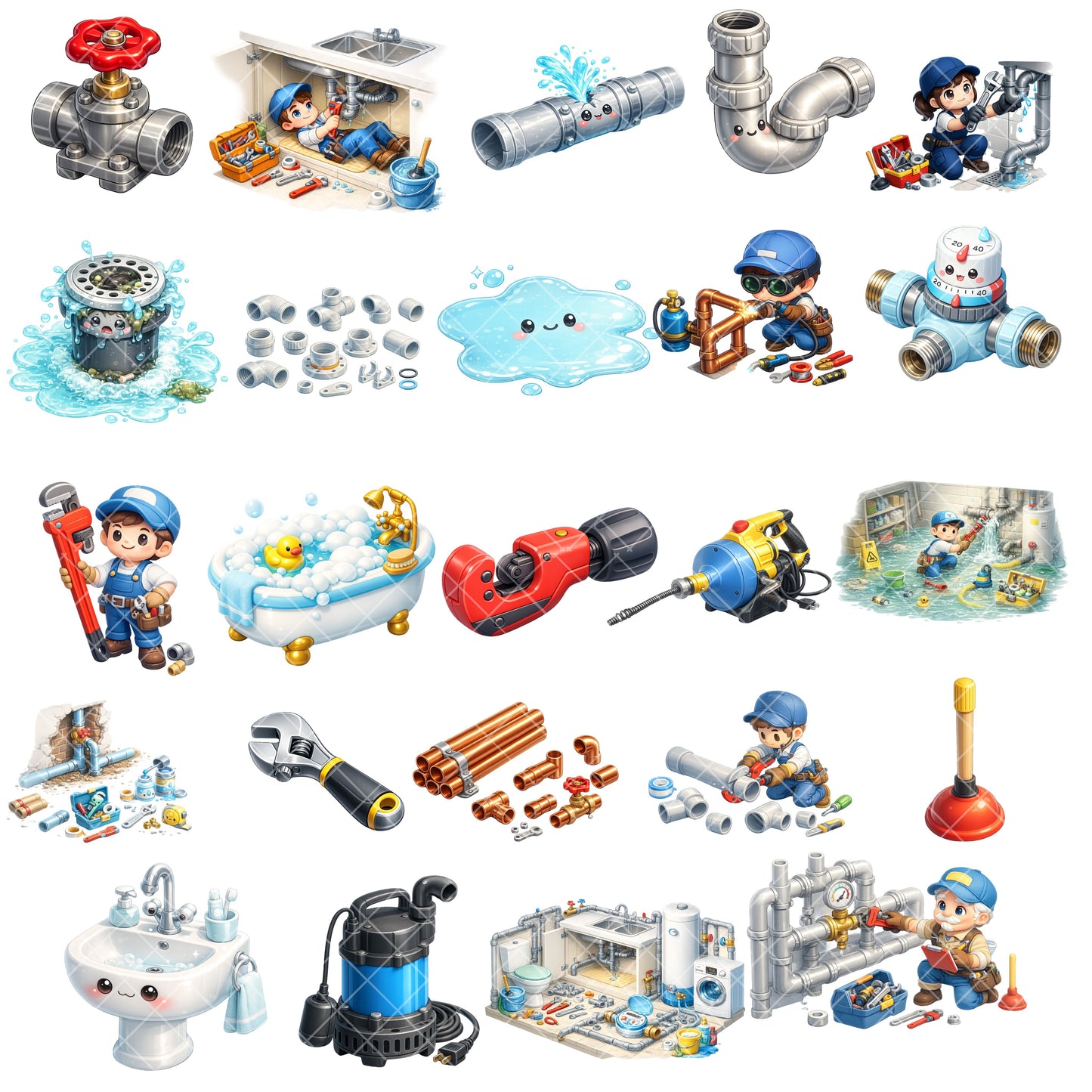 Plumber Clipart Bundle – 3D Isometric Plumbing PNGs (49 Files) – Repair Tools, Pipes & Contractor Graphics