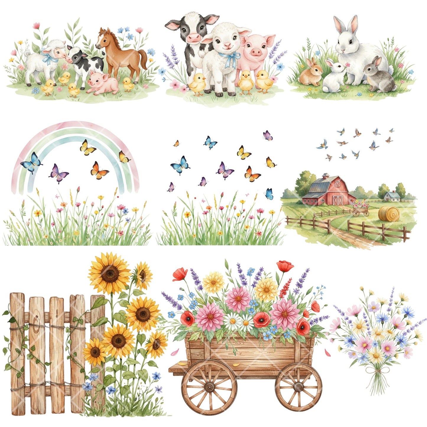 Farm Baby Animals Watercolor Clipart – Tractor & Cute Farm Animal PNG Bundle for Nursery & Kids (50 Files)