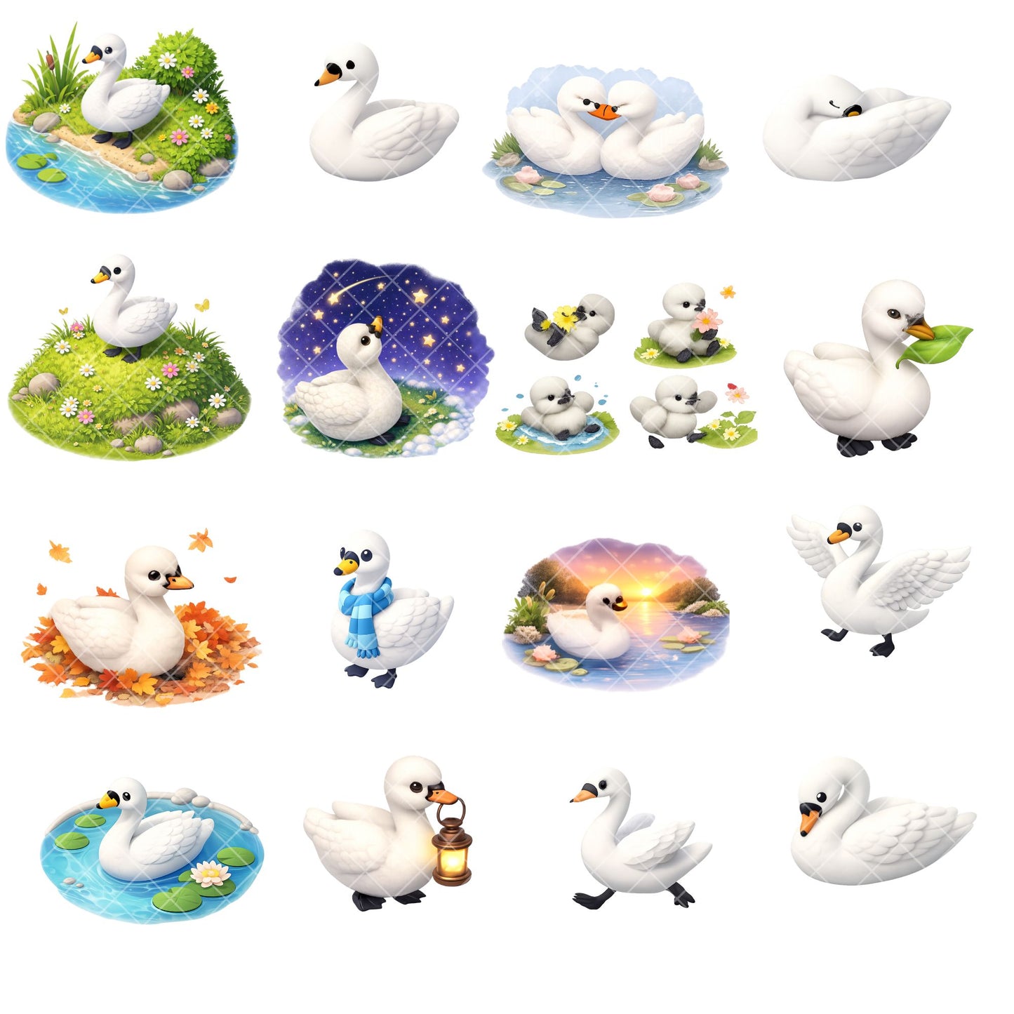 Swan Clipart Bundle – 3D Isometric PNG Graphics (40 Files) – Cute Swans & Ducklings, Nursery Art, Sublimation Design