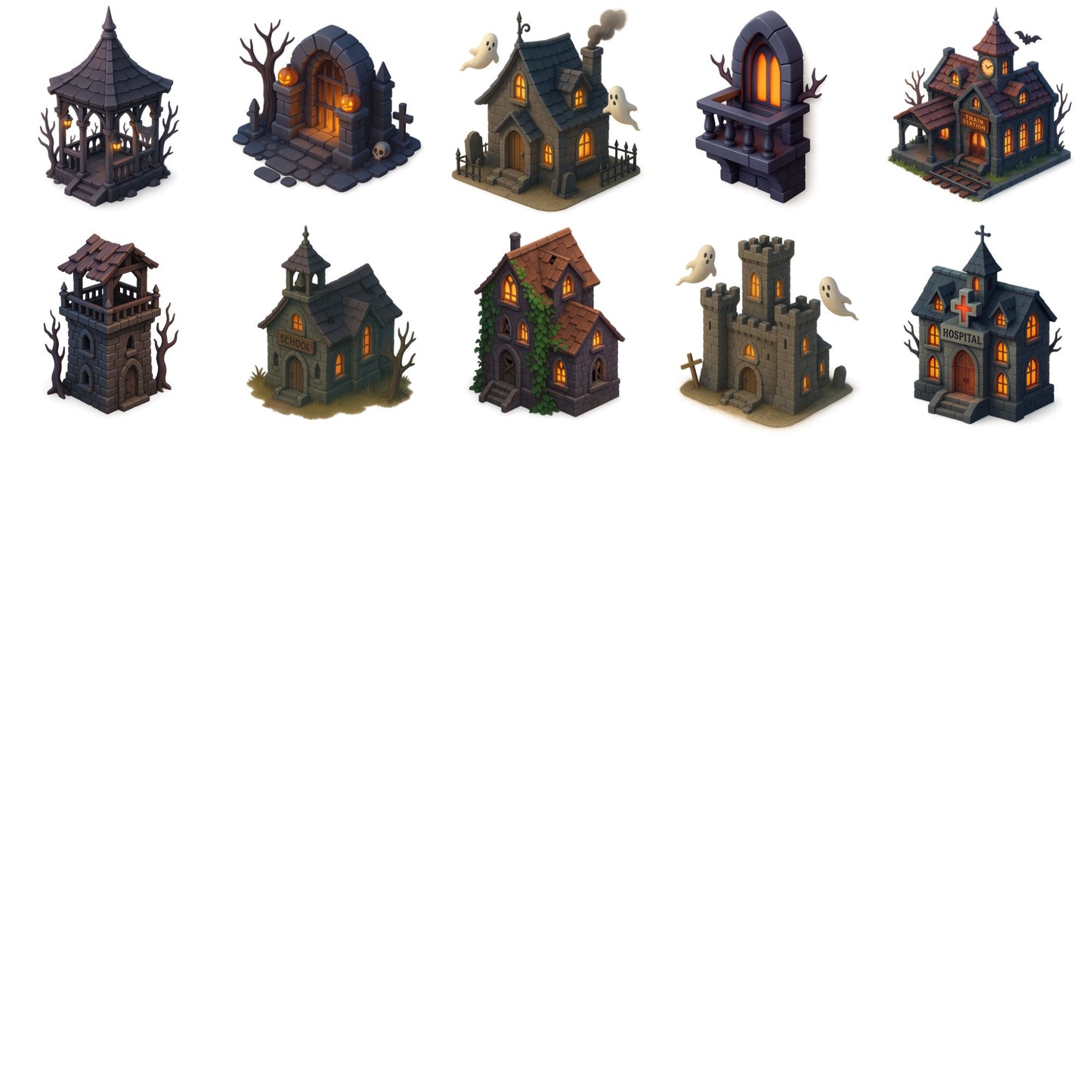 Halloween Haunted Houses Clipart, 3D Gothic Architecture PNG Bundle, Spooky Buildings Village Set (60 PNG)
