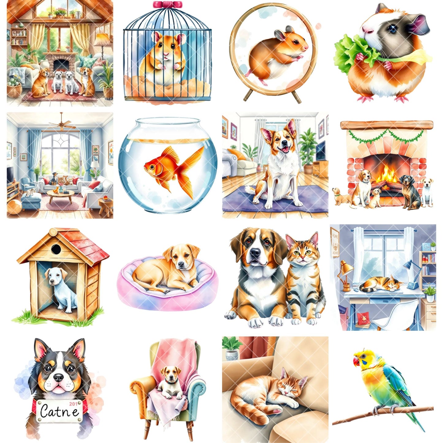 Home Pets Watercolor Clipart – 51 Pet PNG Bundle – Dogs, Cats, Bunnies & Fish for Nursery, Gifts & Sublimation