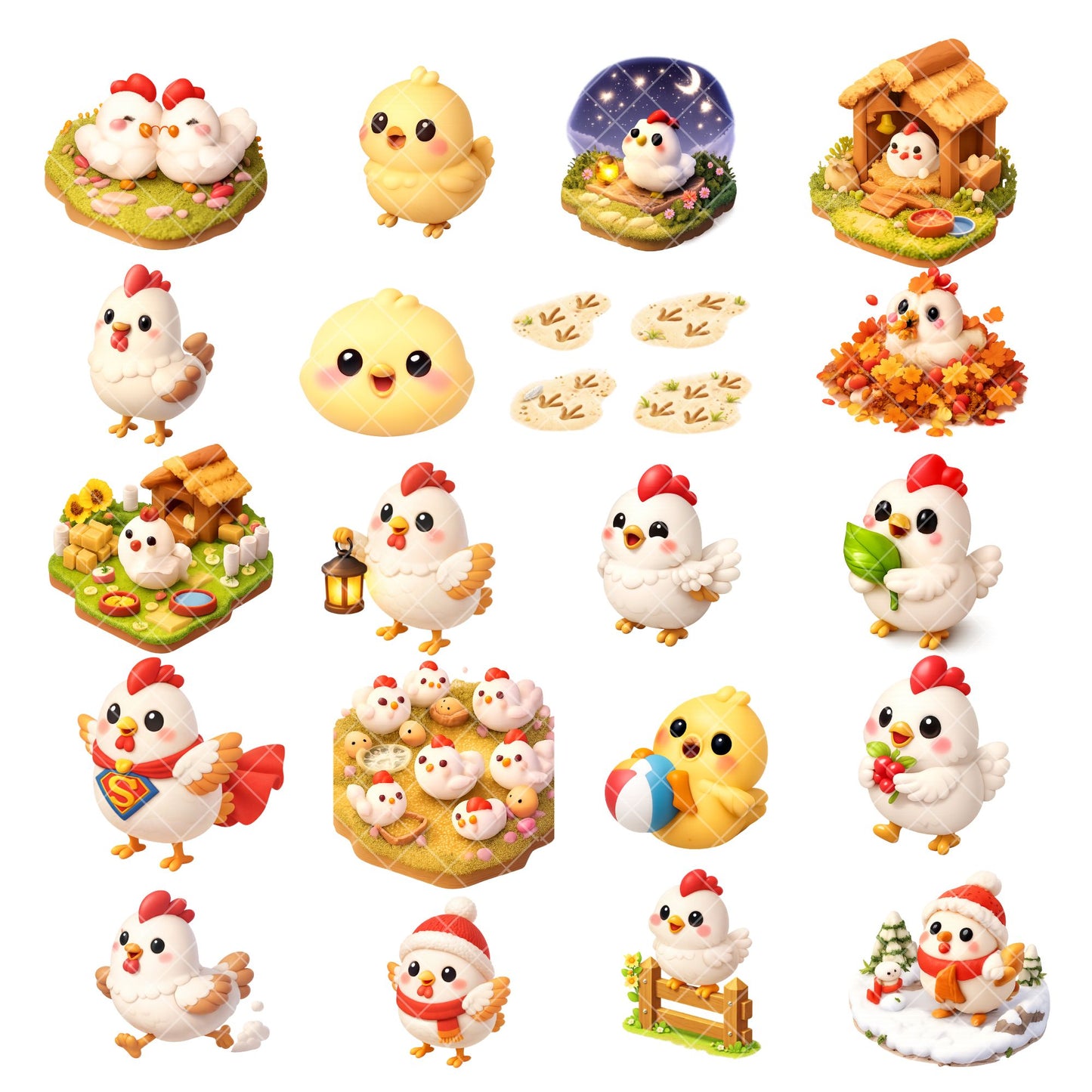 Chicken Clipart Bundle – 3D Farm Animals PNG (40 Files) – Isometric Hens, Chicks, Coop, Easter & Seasonal Graphics