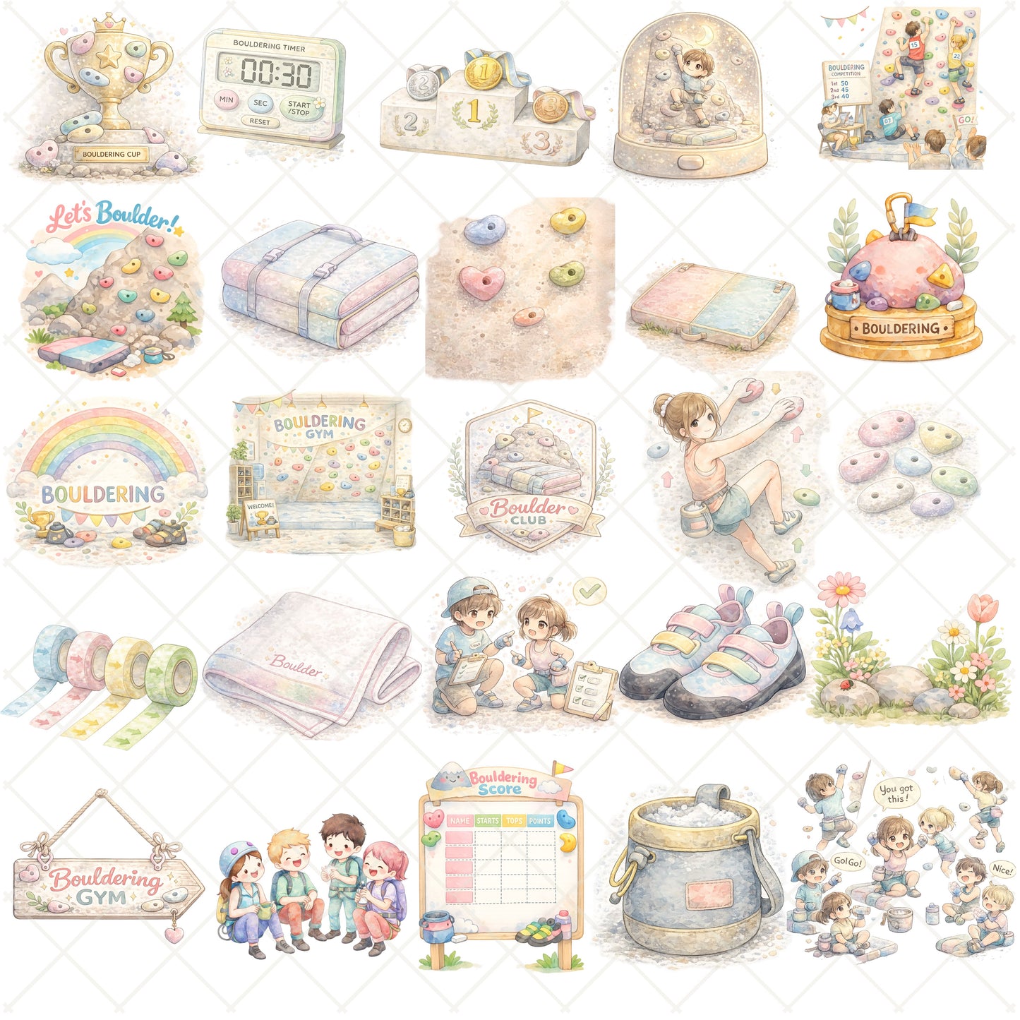 Bouldering Watercolor Clipart – 52 Kids Climbing PNGs – Pastel Rock Climbing Gym Sports Bundle