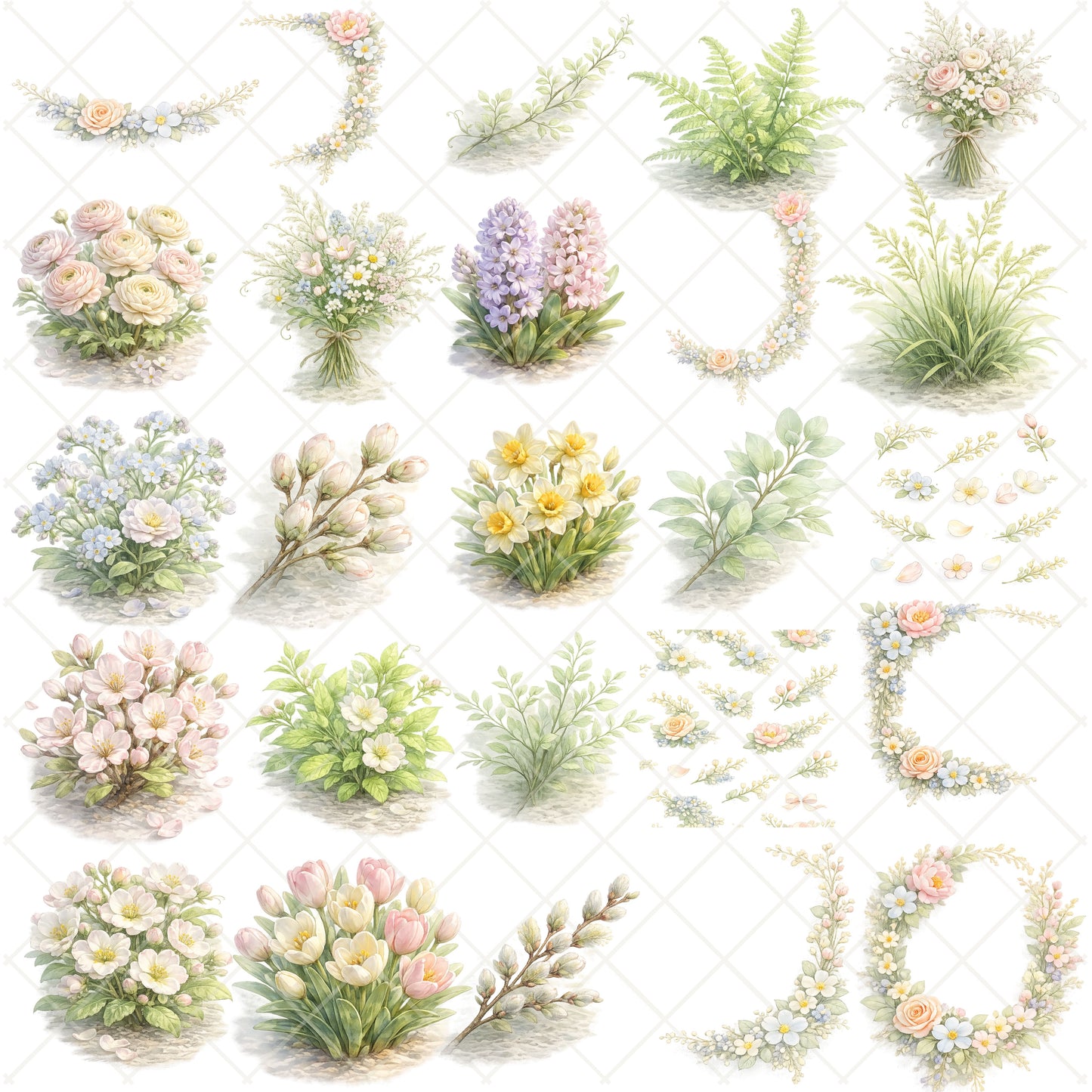 Spring Watercolor Floral Clipart – Pastel Magnolia & Rose PNG Bundle (55 Files) – Wedding, Easter & Bridal Shower Graphics