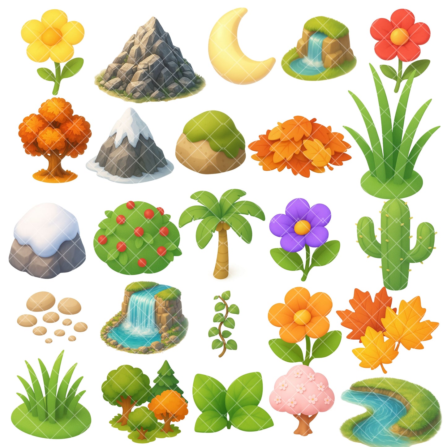 3D Isometric Nature Clipart PNG Bundle – 55 Game Environment Elements for Maps & Digital Design