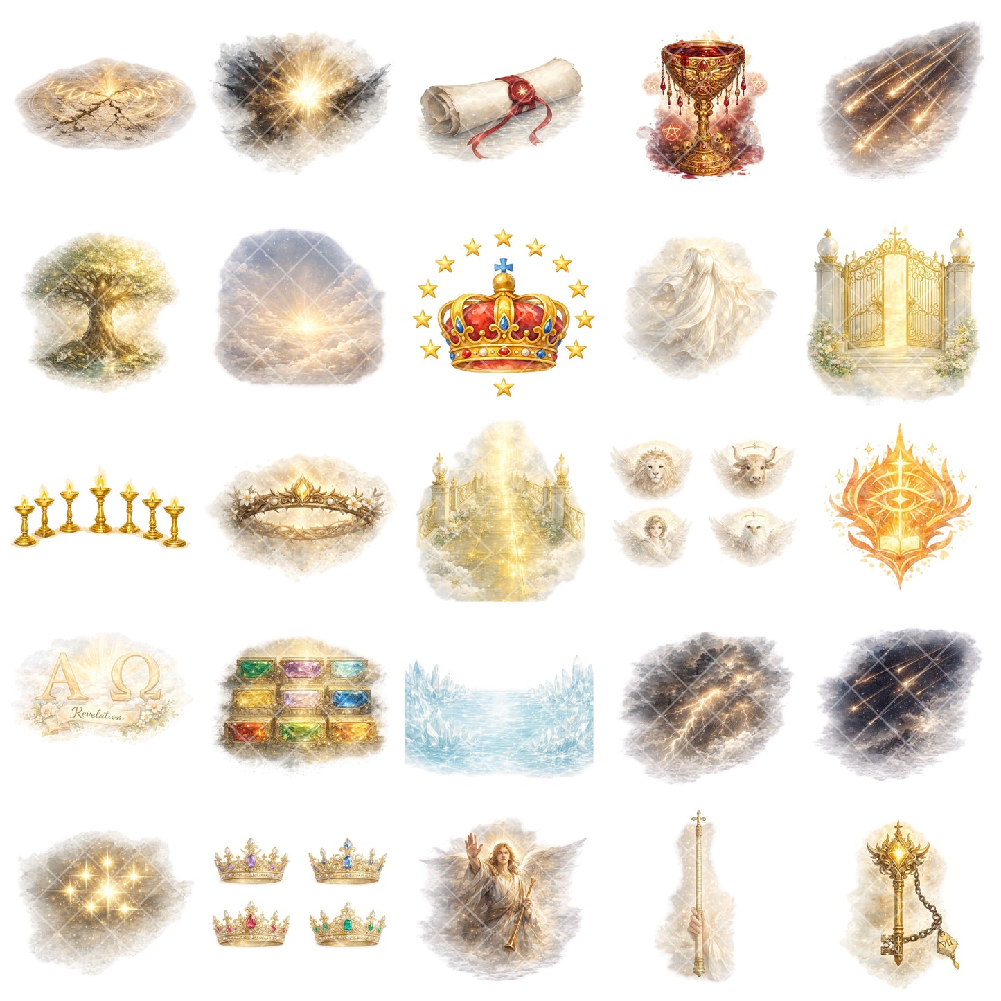Revelation Clipart – 60 Angel & Heaven PNG Files – Christian Symbolic Watercolor Graphics
