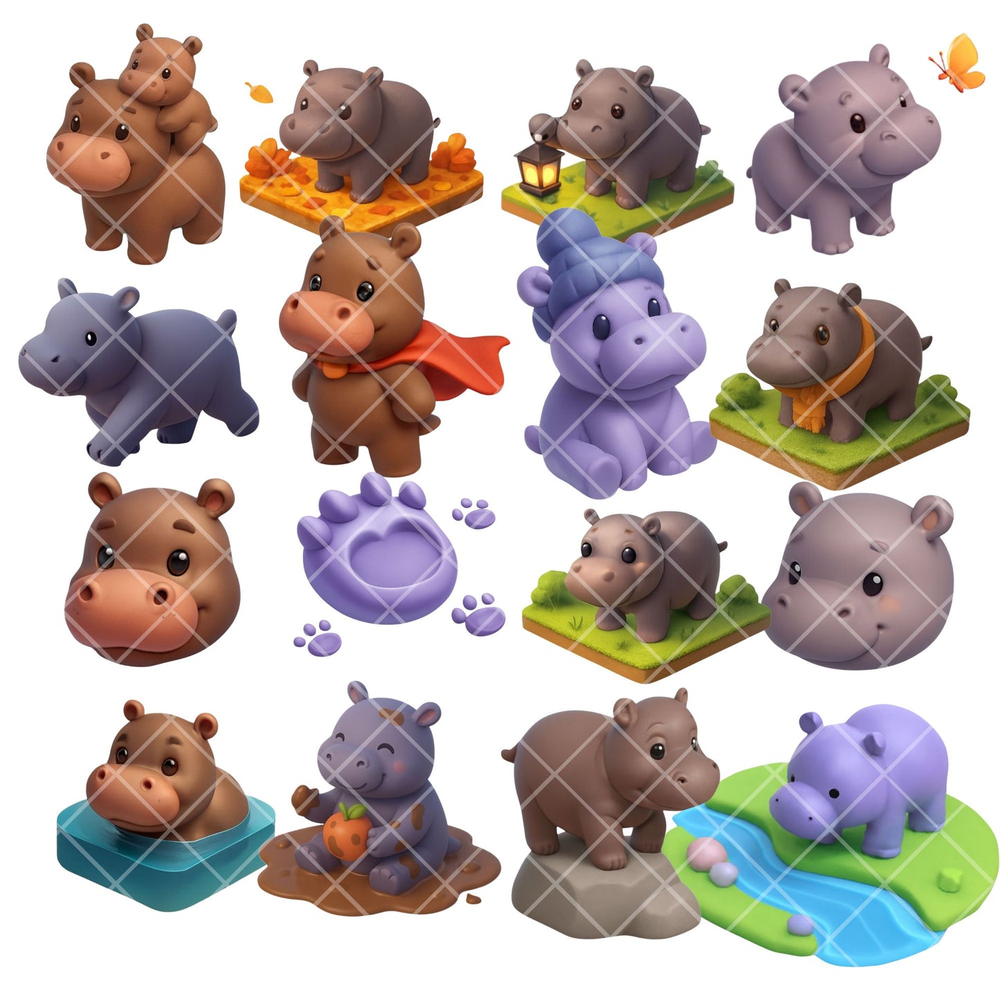 Cute Hippo Clipart Bundle – 3D Isometric Kawaii Hippo PNG, Nursery & Baby Shower Animals, Kids Clipart, 44 PNG
