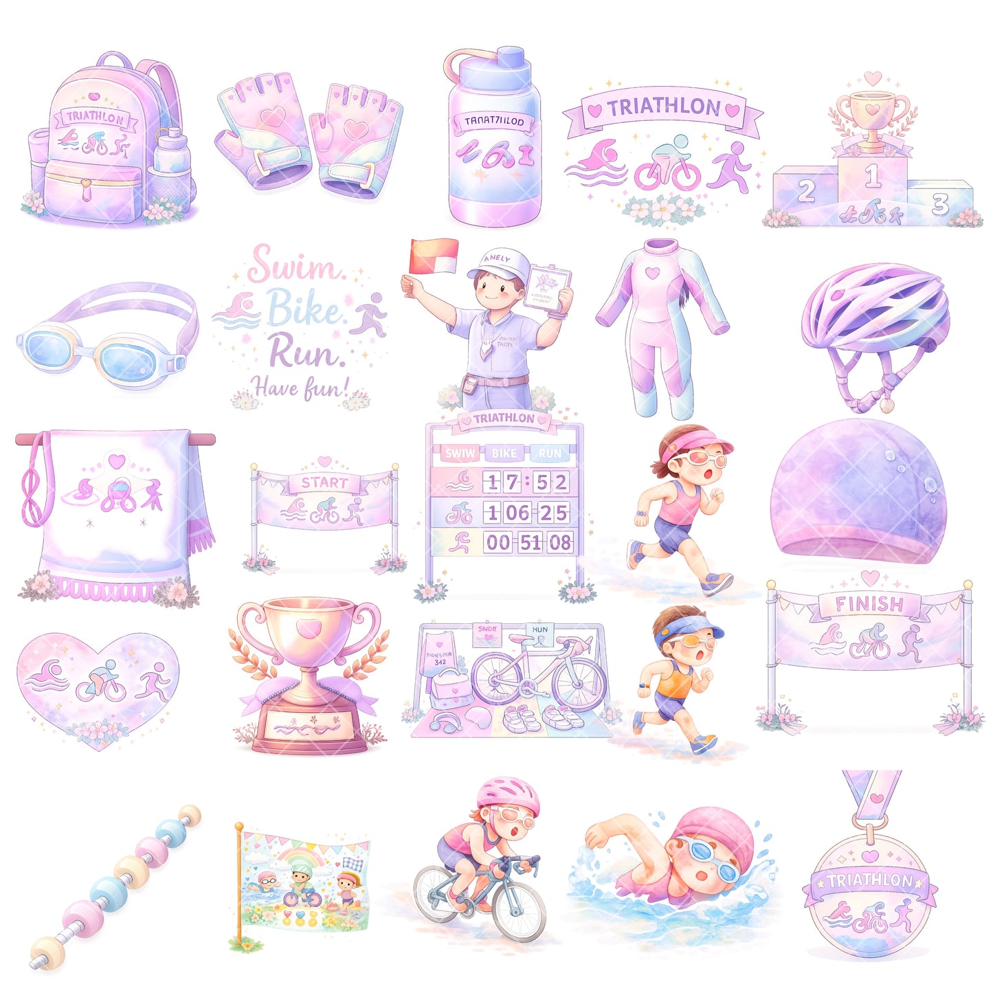 Triathlon Kids Watercolor Clipart Bundle – Sports Day PNG, Swimming Biking Running Art for Kids Crafts, Classroom & Printables, 52 PNG